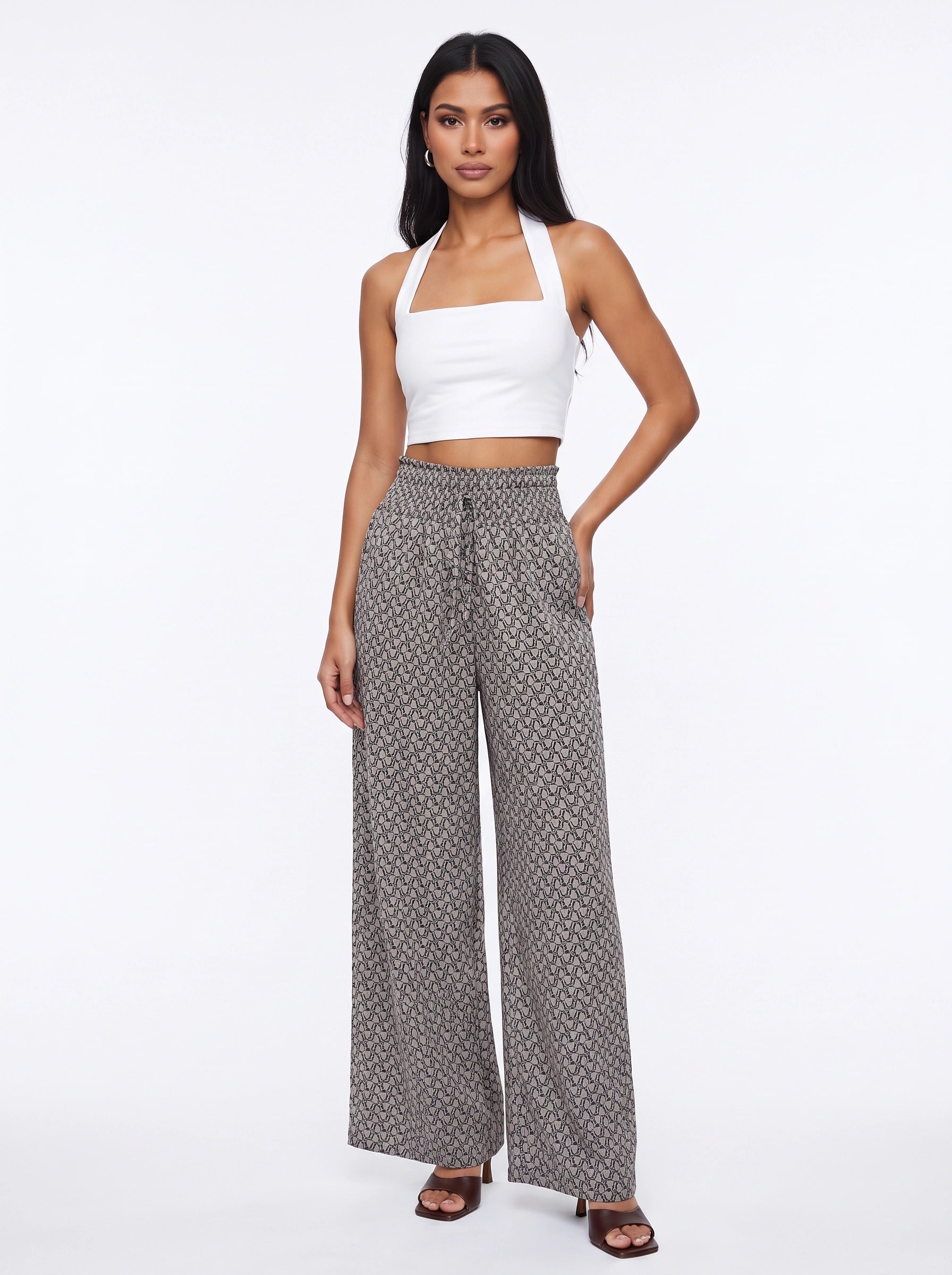 Tretivo Pantalon palazzo imprimé géométrique à jambes larges - Pantalon fluide taille haute pour femme, décontracté, style bureau