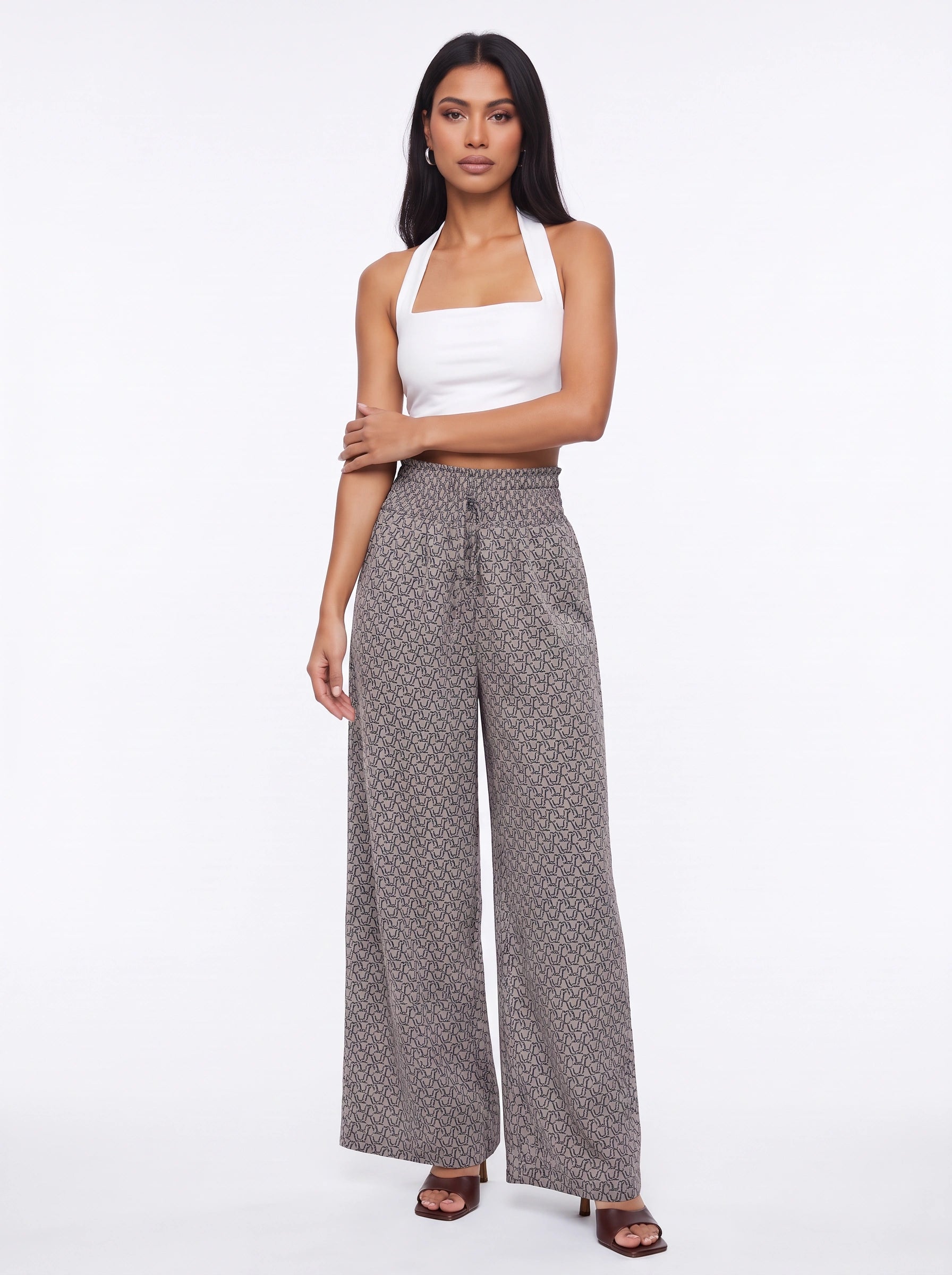 Tretivo Pantalon palazzo imprimé géométrique à jambes larges - Pantalon fluide taille haute pour femme, décontracté, style bureau