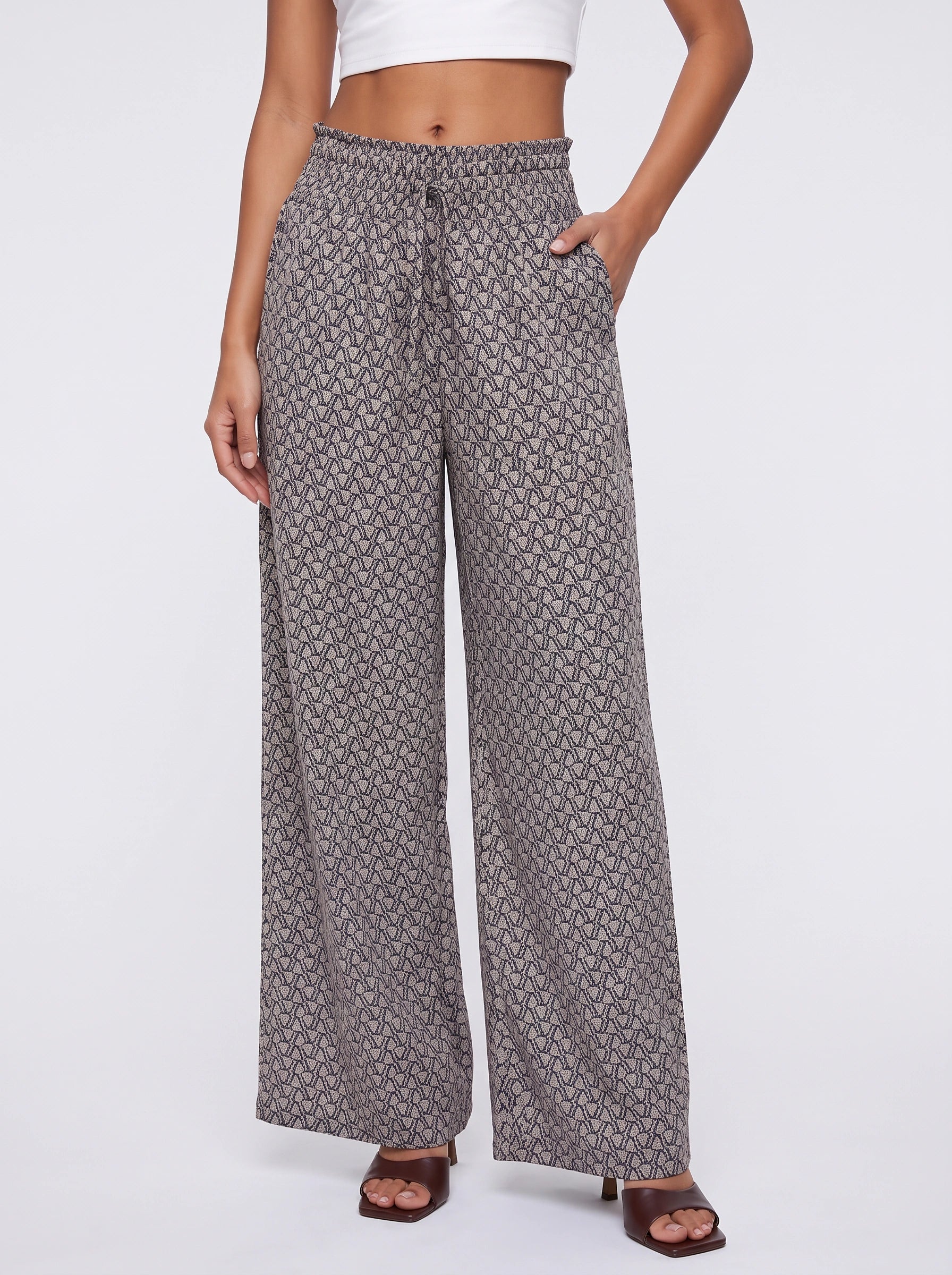 Tretivo Pantalon palazzo imprimé géométrique à jambes larges - Pantalon fluide taille haute pour femme, décontracté, style bureau