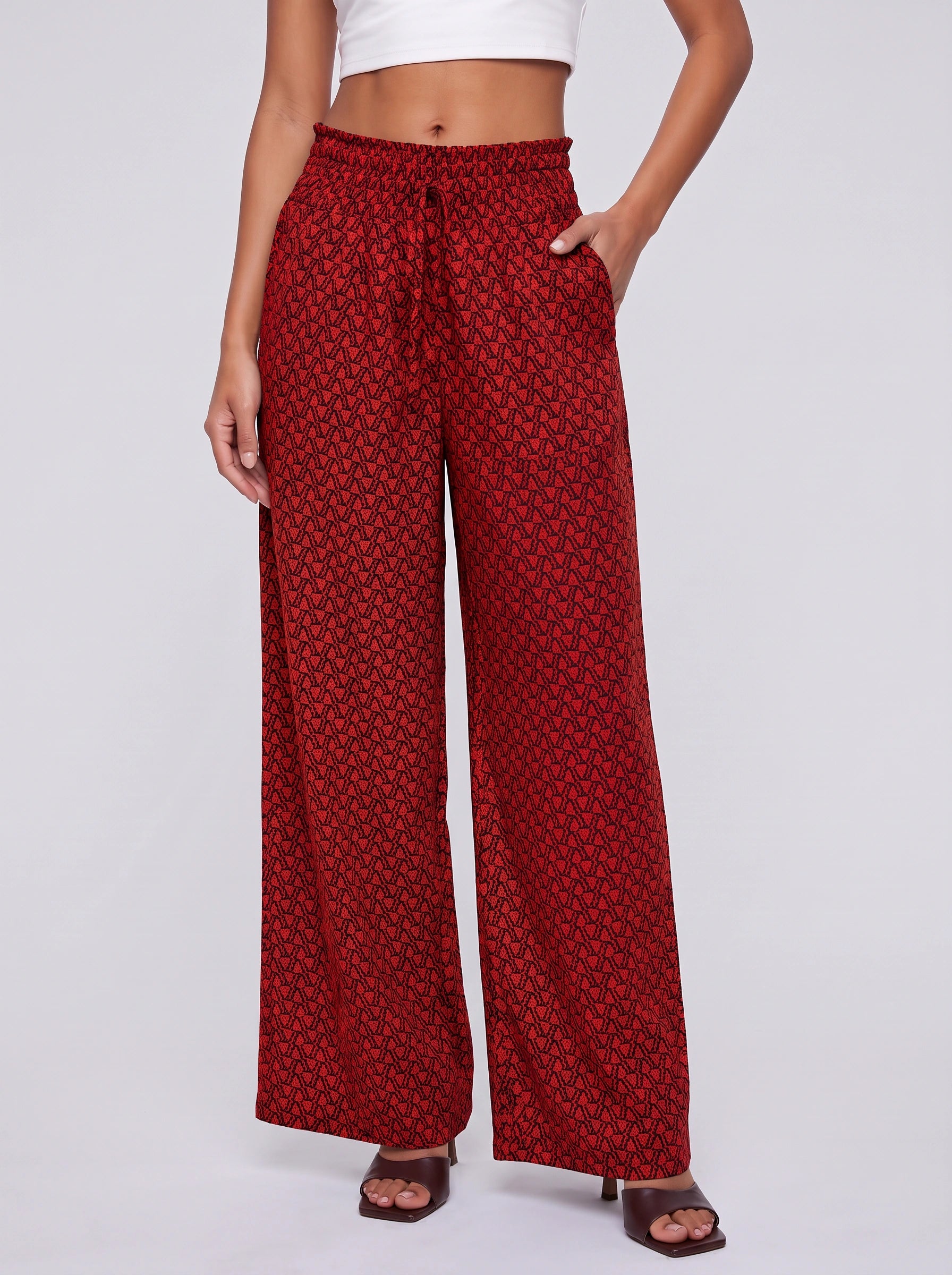Tretivo Pantalon palazzo imprimé géométrique à jambes larges - Pantalon fluide taille haute pour femme, décontracté, style bureau