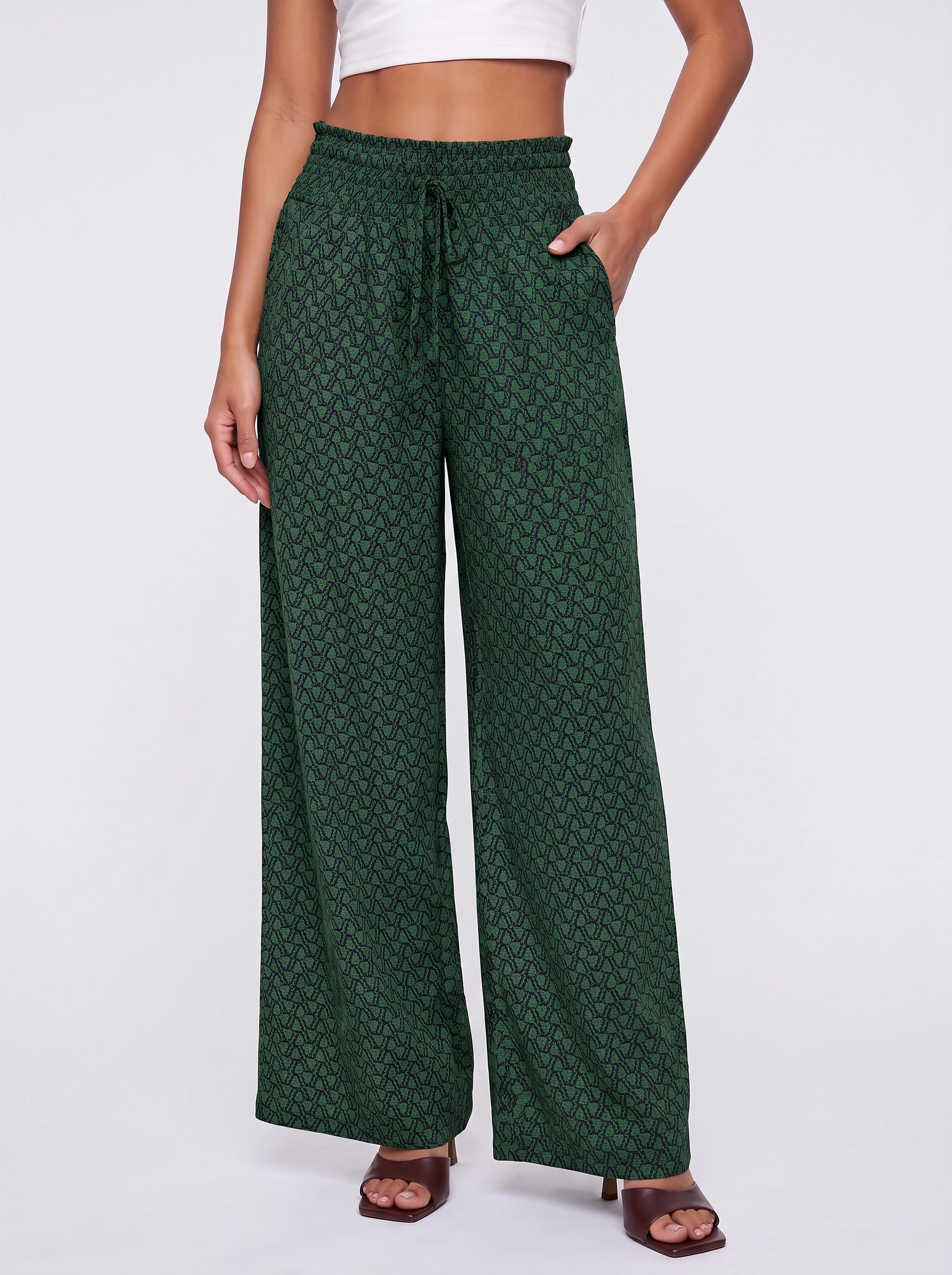 Tretivo Pantalon palazzo imprimé géométrique à jambes larges - Pantalon fluide taille haute pour femme, décontracté, style bureau
