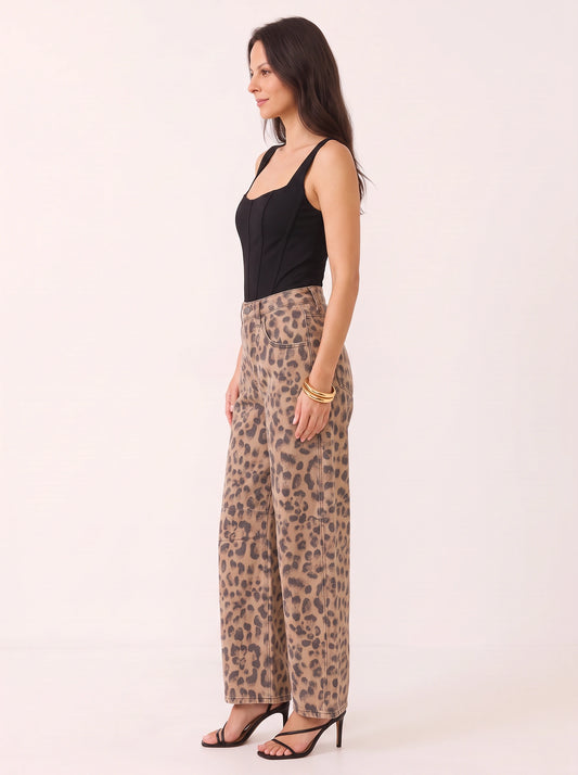Felprint Pantalon taille haute à jambes larges - Jean baggy imprimé léopard pour femme, style décontracté, streetwear automnal