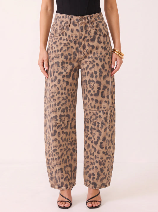 Felprint Pantalon taille haute à jambes larges - Jean baggy imprimé léopard pour femme, style décontracté, streetwear automnal