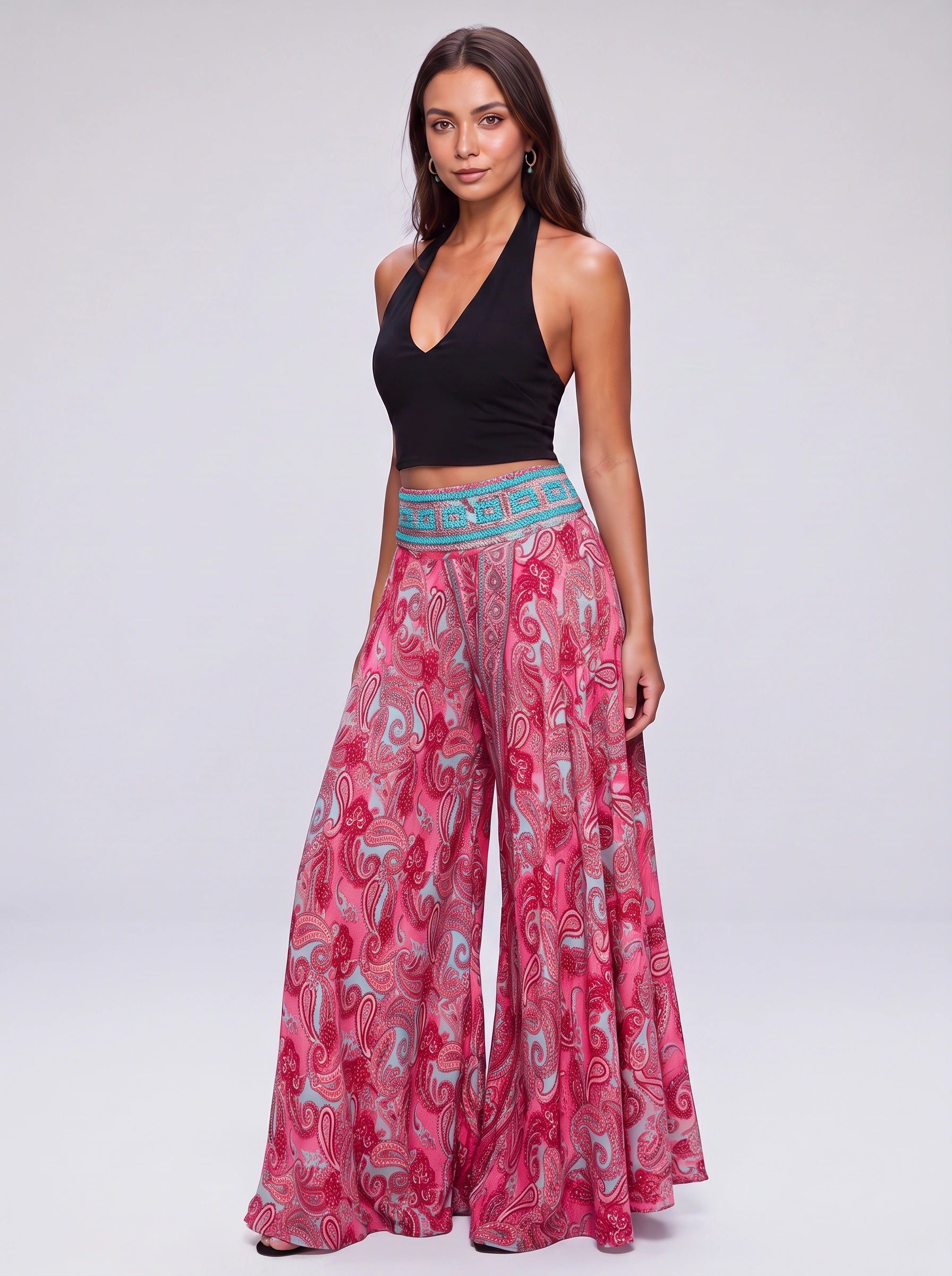 Ariela Pantalon palazzo large à imprimé cachemire - Pantalon fluide taille haute imprimé pour femme, style bohème décontracté, idéal pour les vacances