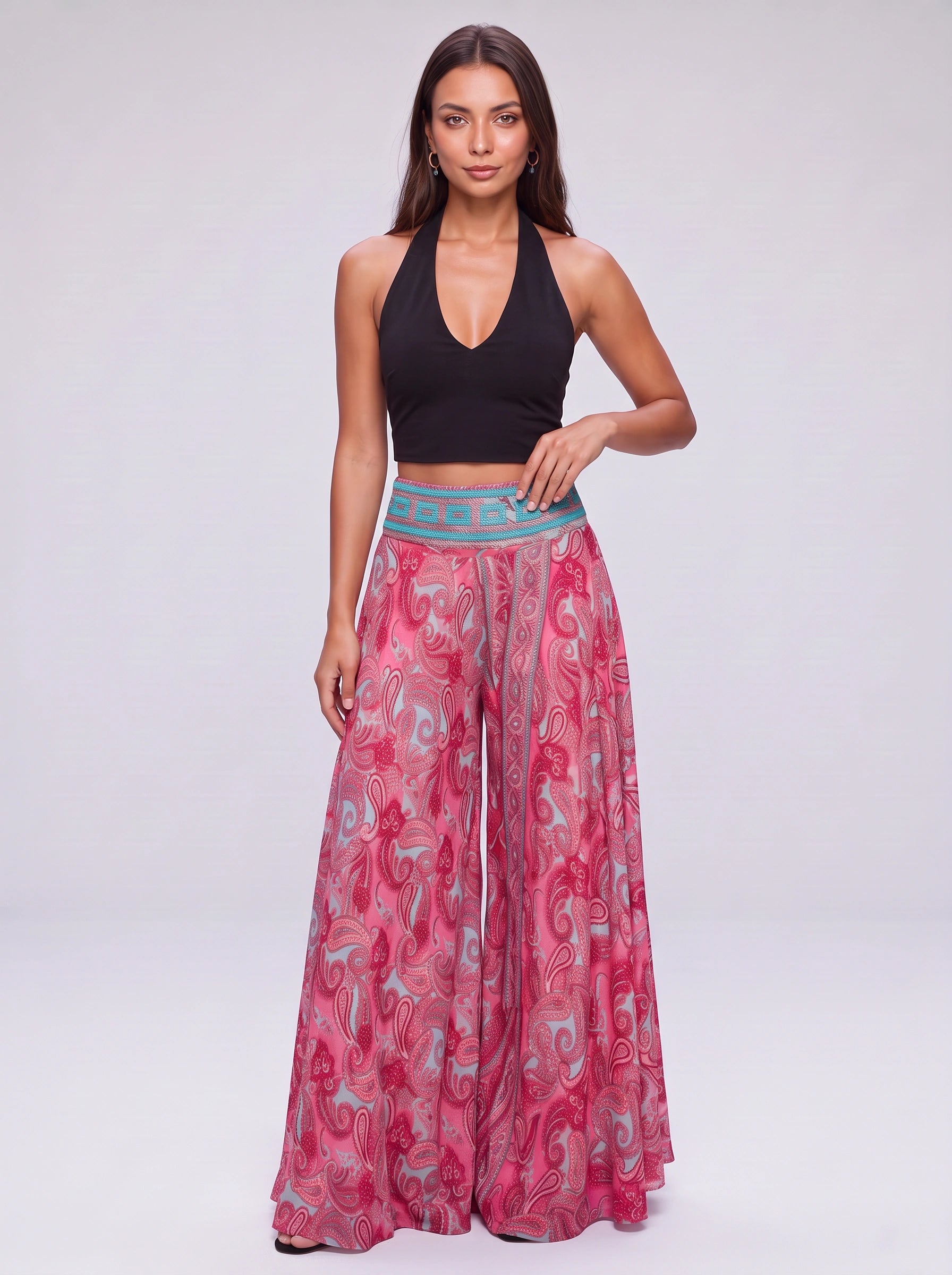 Ariela Pantalon palazzo large à imprimé cachemire - Pantalon fluide taille haute imprimé pour femme, style bohème décontracté, idéal pour les vacances