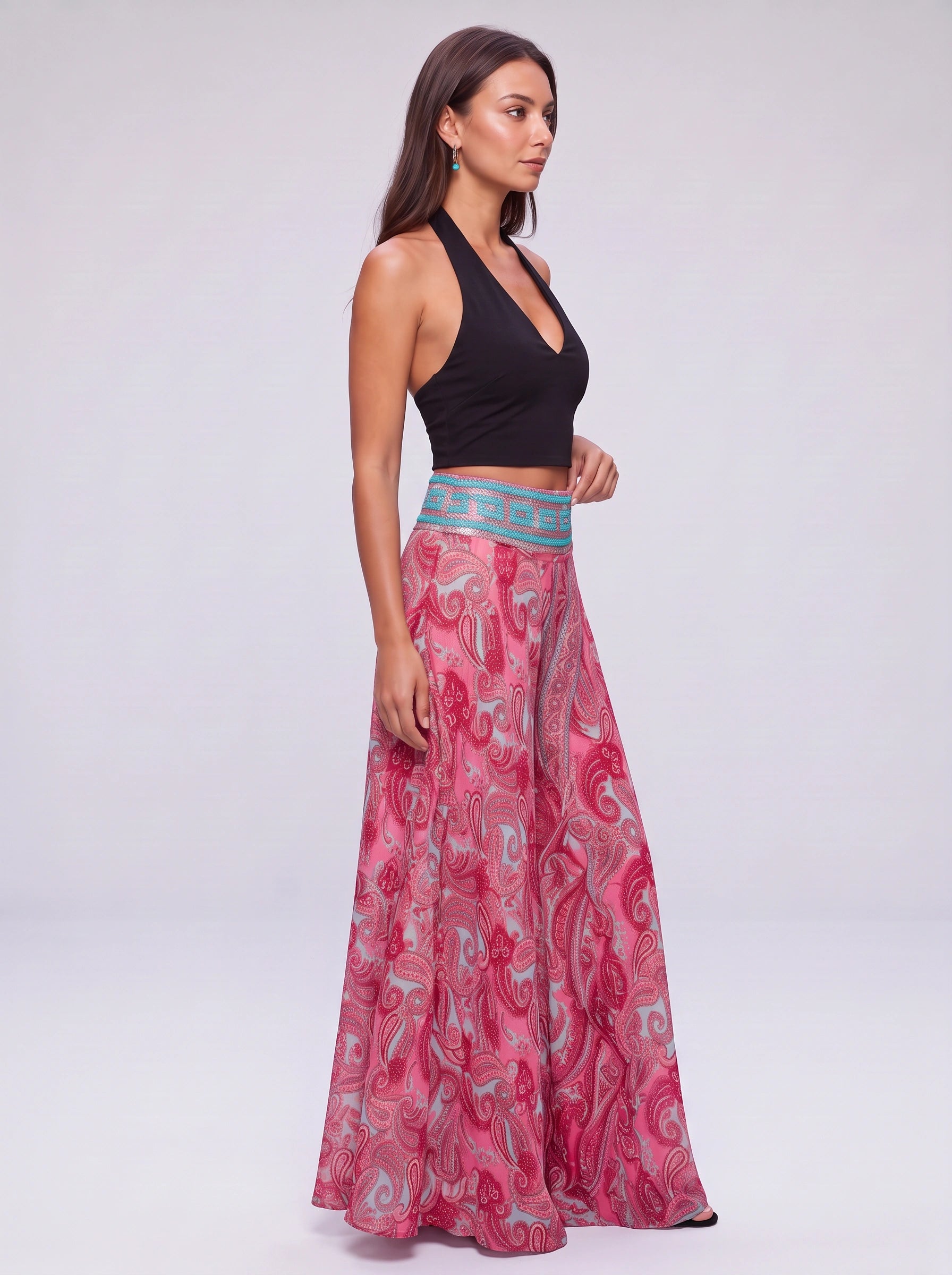 Ariela Pantalon palazzo large à imprimé cachemire - Pantalon fluide taille haute imprimé pour femme, style bohème décontracté, idéal pour les vacances