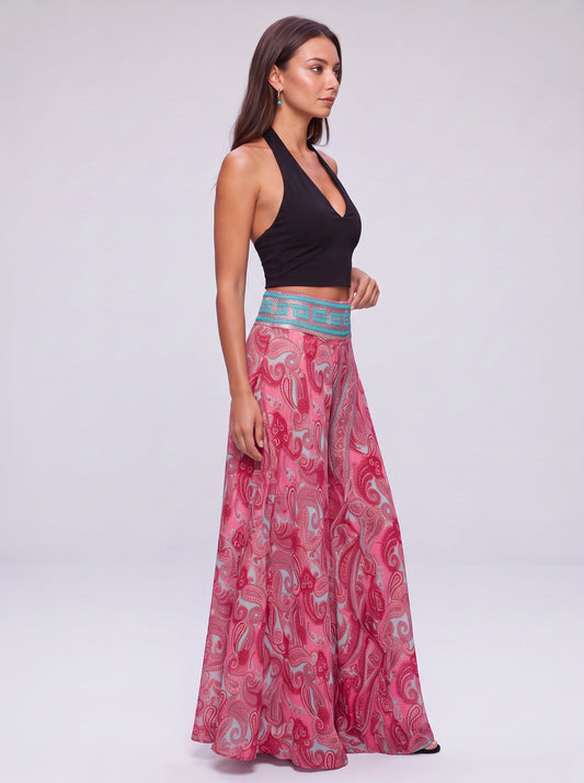 Ariela Pantalon palazzo large à imprimé cachemire - Pantalon fluide taille haute imprimé pour femme, style bohème décontracté, idéal pour les vacances