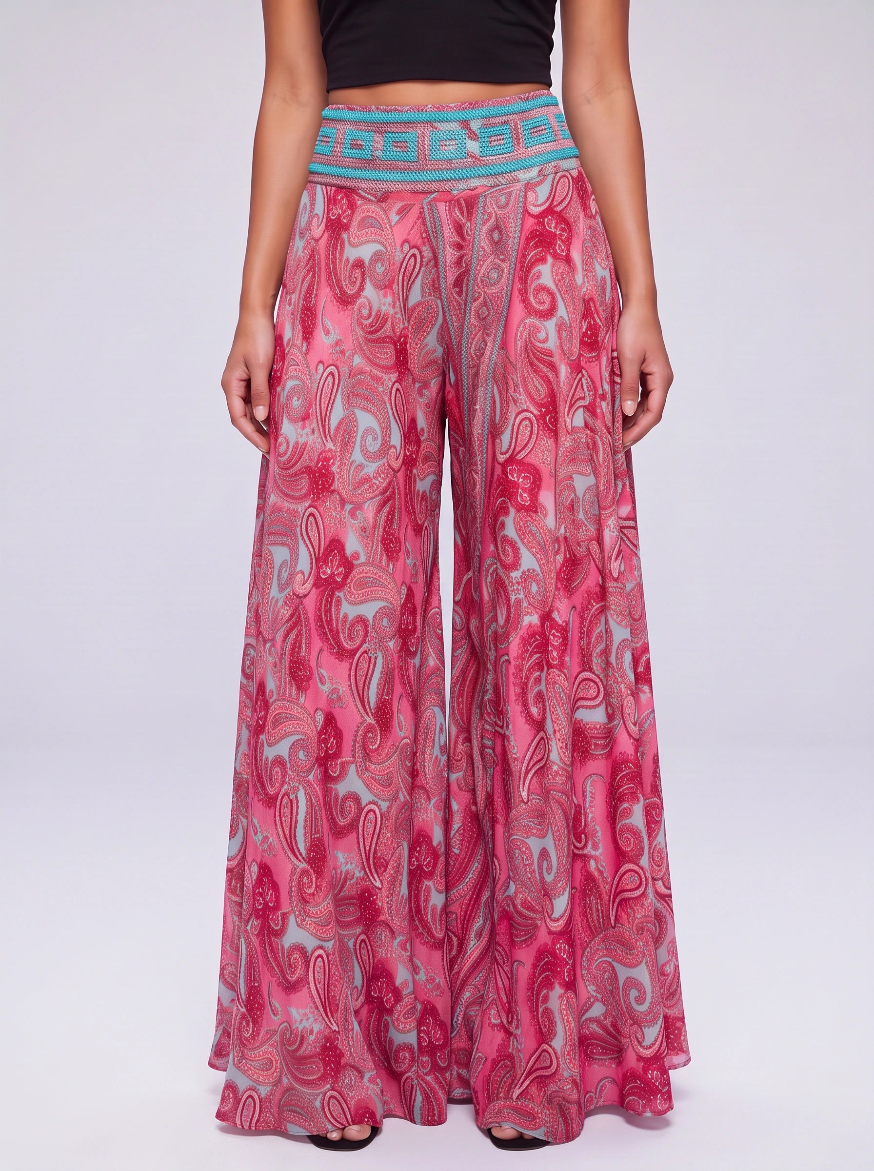 Ariela Pantalon palazzo large à imprimé cachemire - Pantalon fluide taille haute imprimé pour femme, style bohème décontracté, idéal pour les vacances