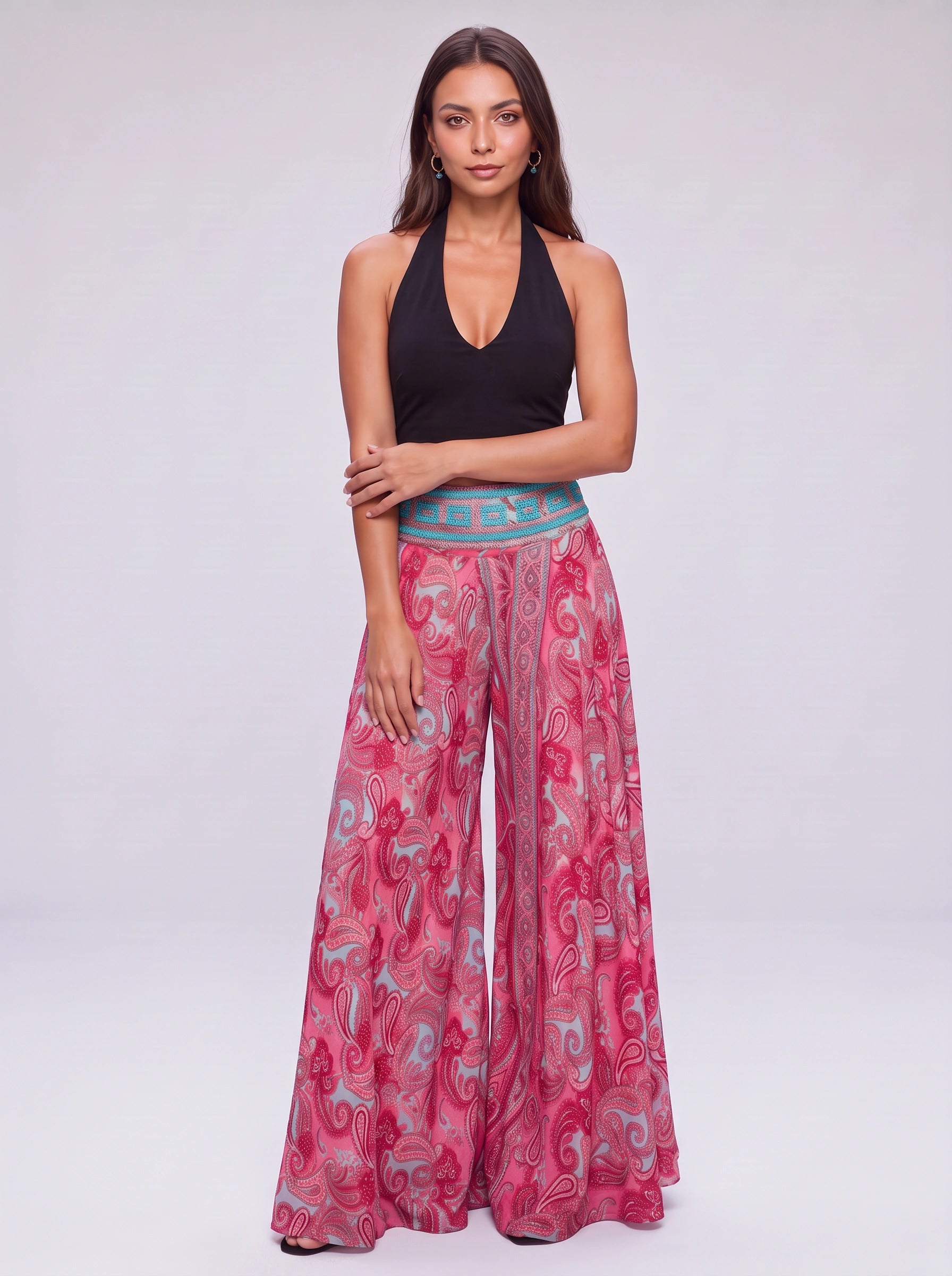Ariela Pantalon palazzo large à imprimé cachemire - Pantalon fluide taille haute imprimé pour femme, style bohème décontracté, idéal pour les vacances