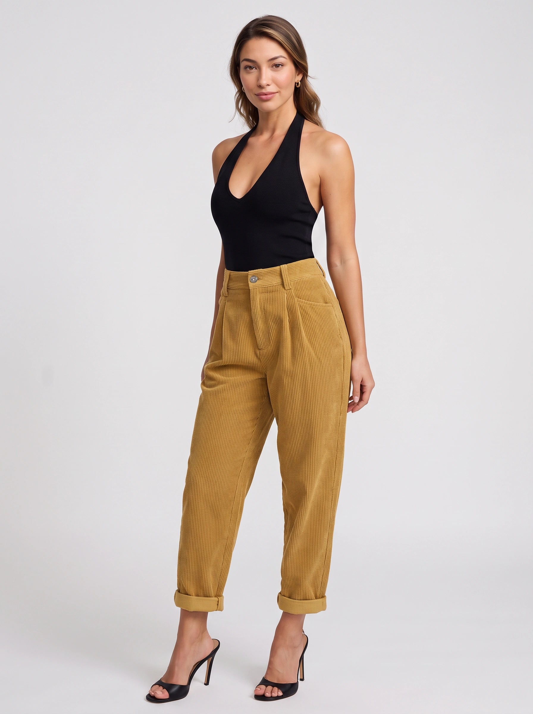 Cordane Pantalon taille haute plissé et fuselé - Pantalon en velours côtelé à jambes larges pour femme, style décontracté ou bureau