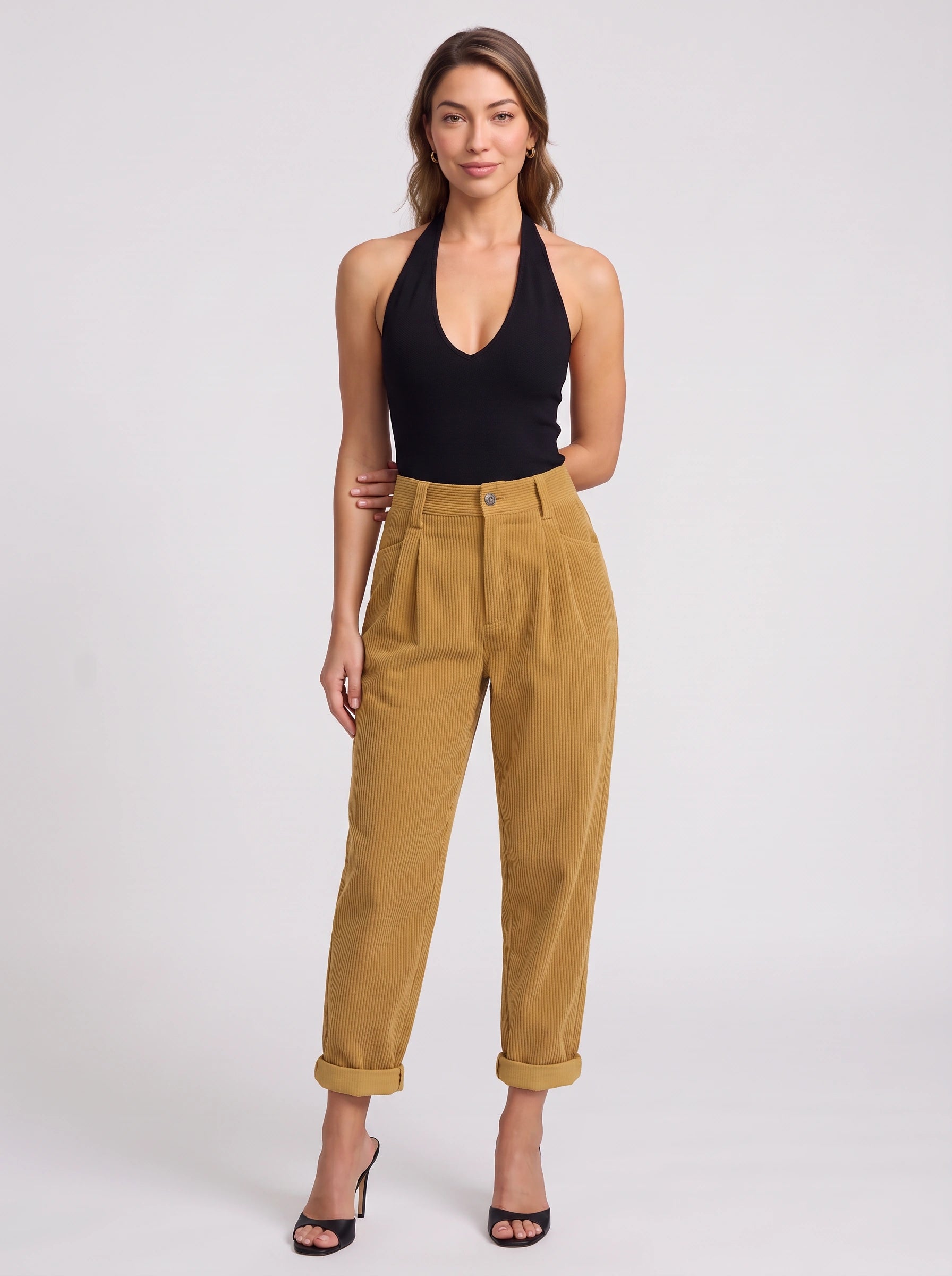 Cordane Pantalon taille haute plissé et fuselé - Pantalon en velours côtelé à jambes larges pour femme, style décontracté ou bureau