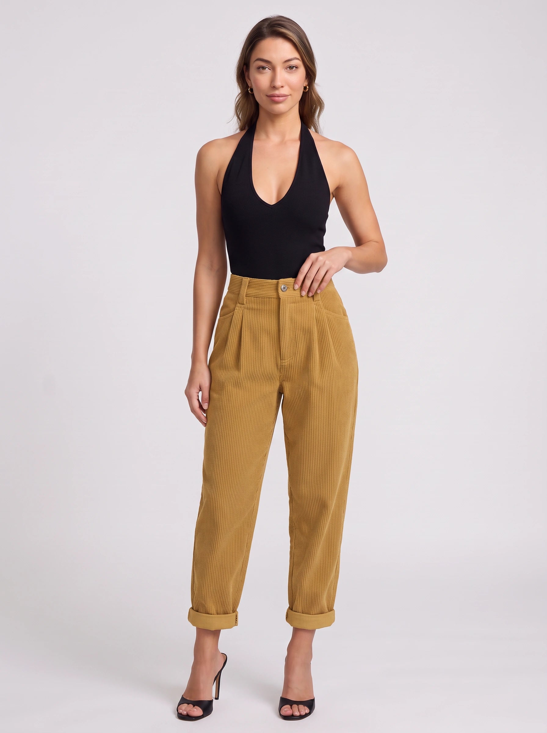 Cordane Pantalon taille haute plissé et fuselé - Pantalon en velours côtelé à jambes larges pour femme, style décontracté ou bureau