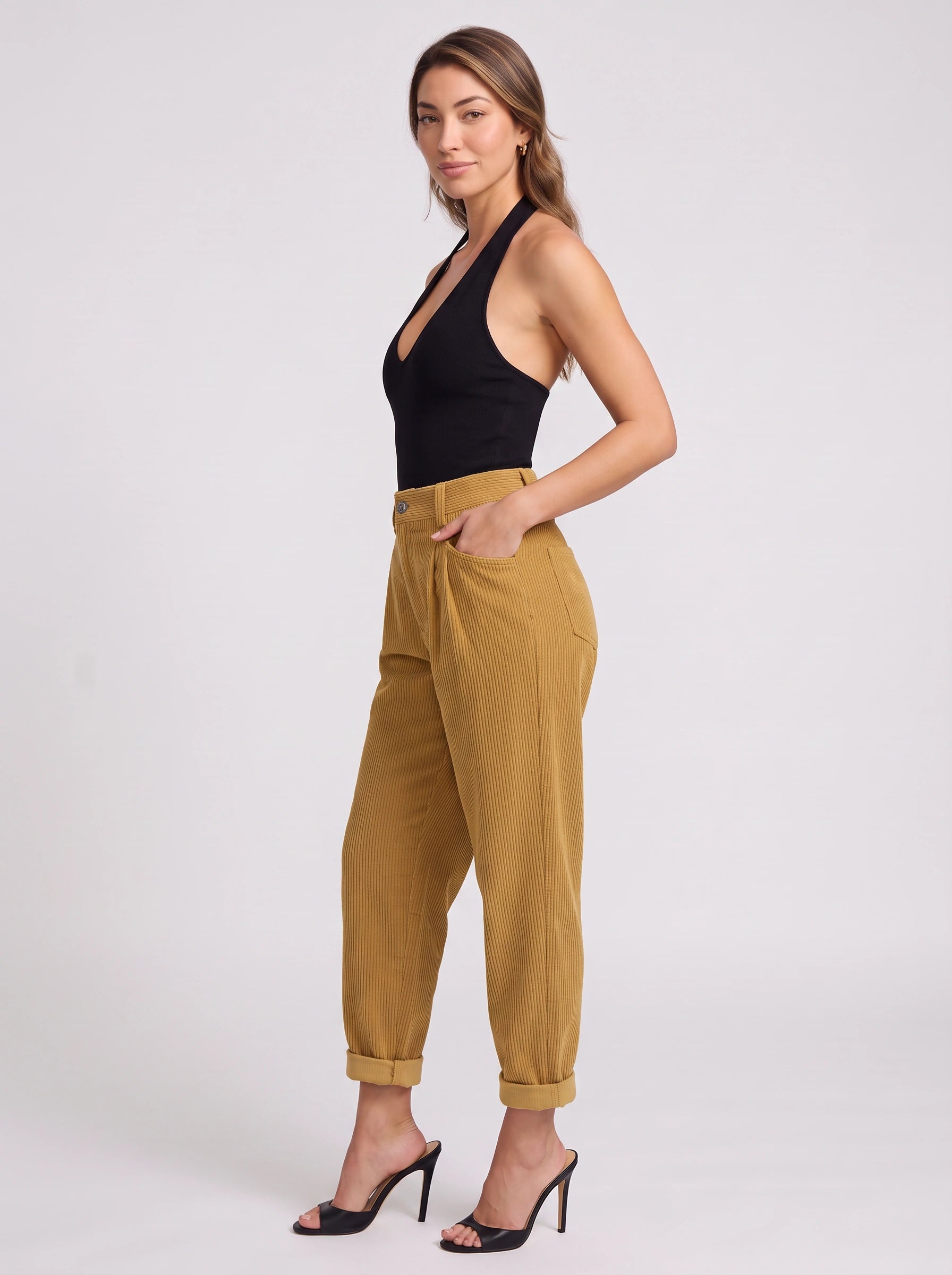 Cordane Pantalon taille haute plissé et fuselé - Pantalon en velours côtelé à jambes larges pour femme, style décontracté ou bureau