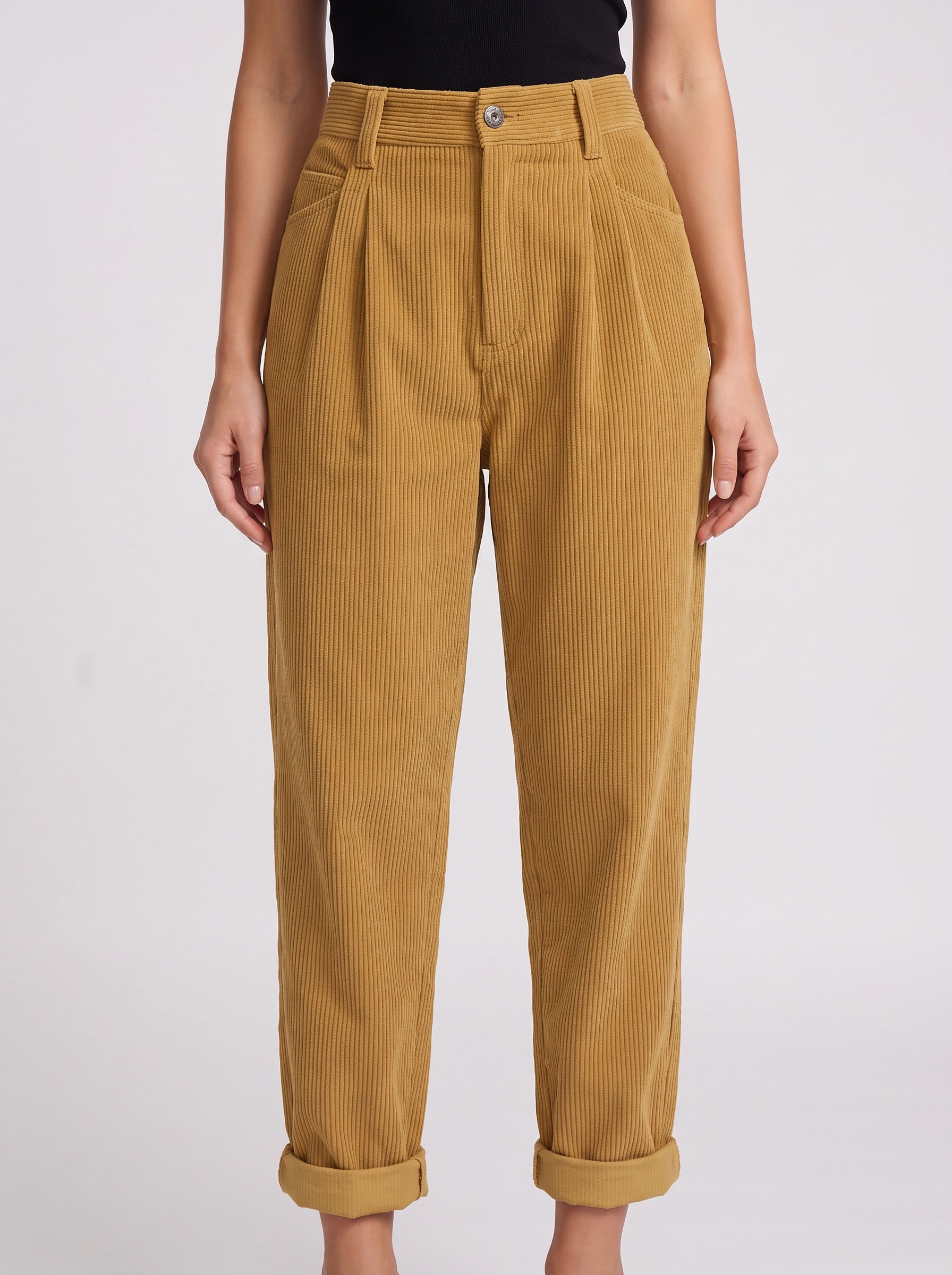 Cordane Pantalon taille haute plissé et fuselé - Pantalon en velours côtelé à jambes larges pour femme, style décontracté ou bureau