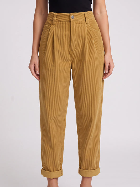 Cordane Pantalon taille haute plissé et fuselé - Pantalon en velours côtelé à jambes larges pour femme, style décontracté ou bureau