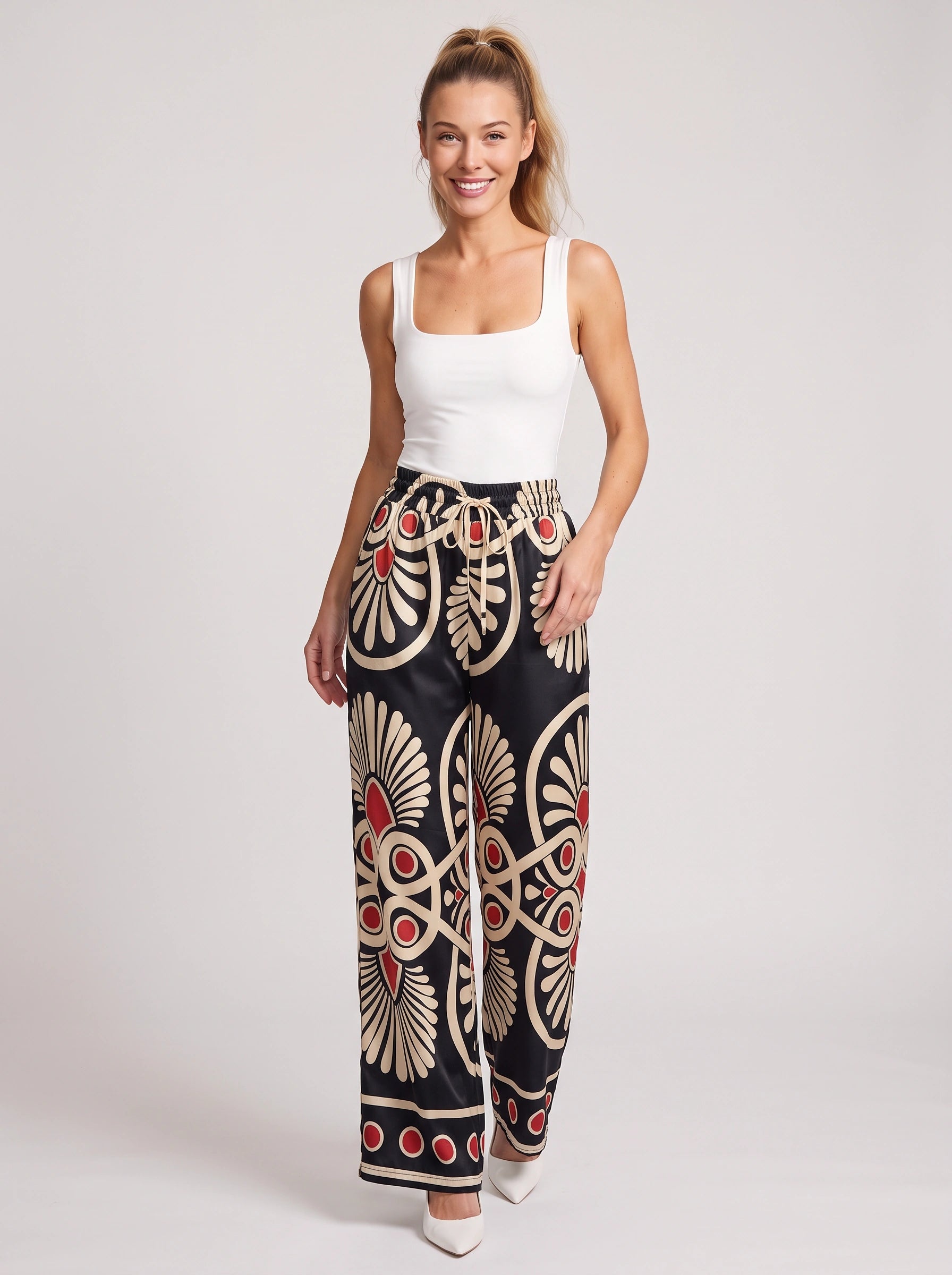 Pantalon imprimé médaillons à jambes larges et cordon de serrage - Pantalon palazzo satiné pour femme, coupe décontractée, style détente