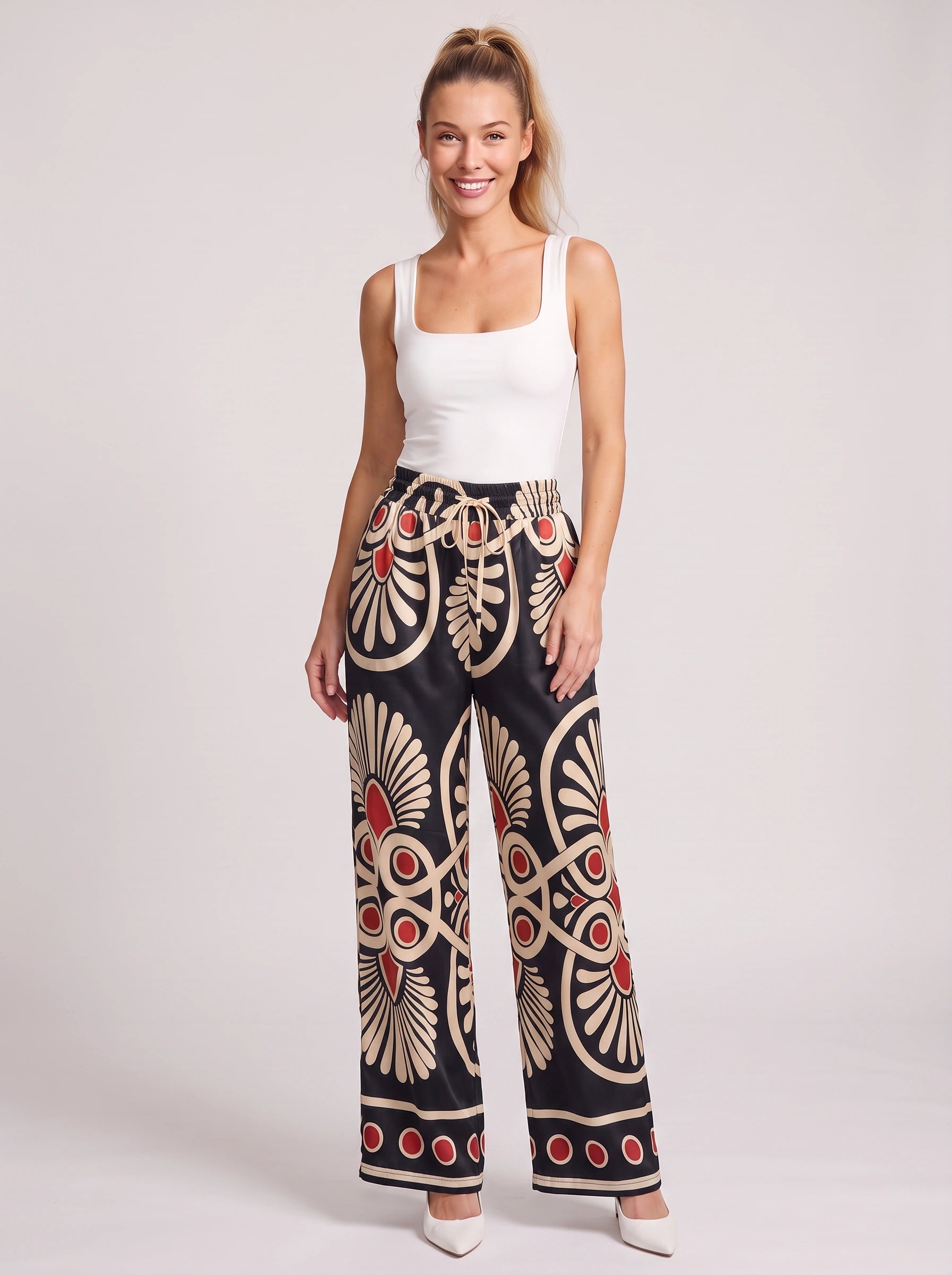 Pantalon imprimé médaillons à jambes larges et cordon de serrage - Pantalon palazzo satiné pour femme, coupe décontractée, style détente