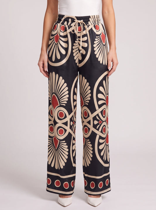 Pantalon imprimé médaillons à jambes larges et cordon de serrage - Pantalon palazzo satiné pour femme, coupe décontractée, style détente