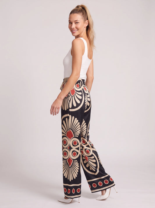Pantalon imprimé médaillons à jambes larges et cordon de serrage - Pantalon palazzo satiné pour femme, coupe décontractée, style détente