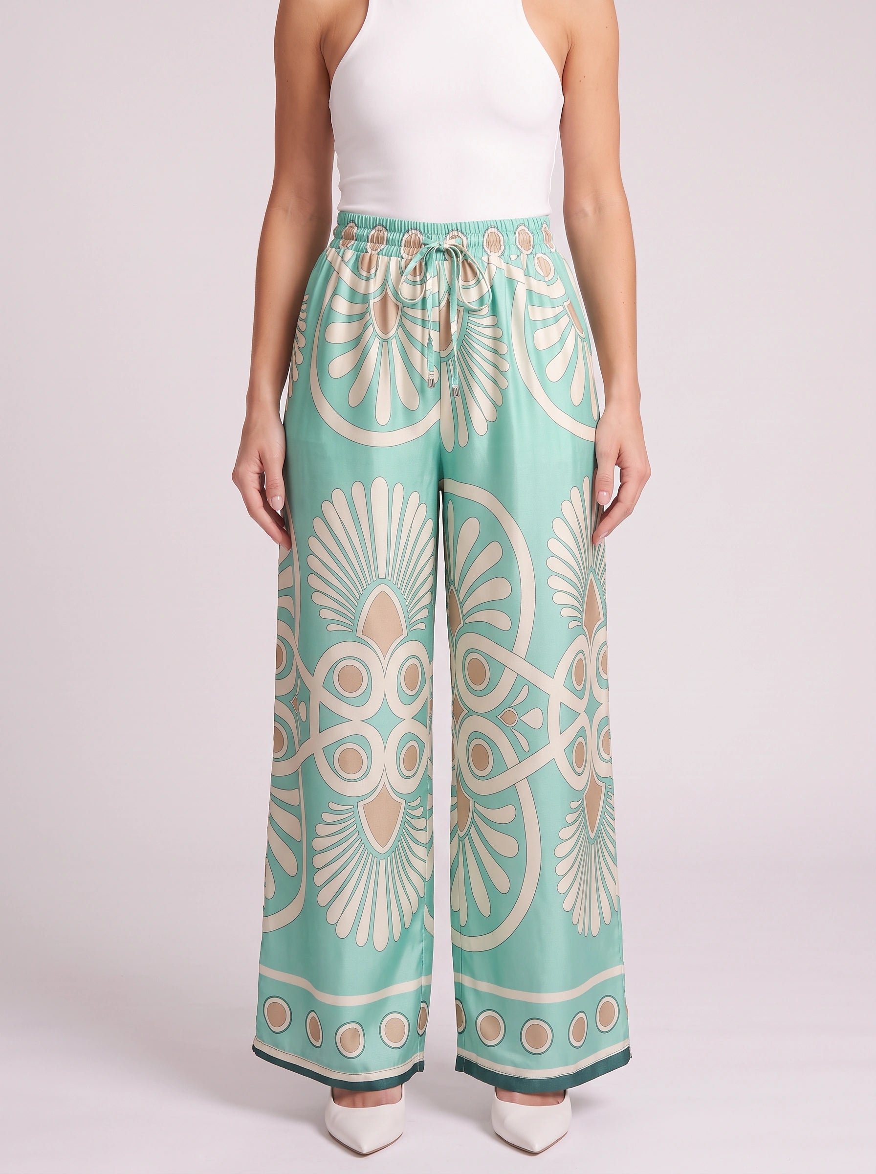 Pantalon imprimé médaillons à jambes larges et cordon de serrage - Pantalon palazzo satiné pour femme, coupe décontractée, style détente