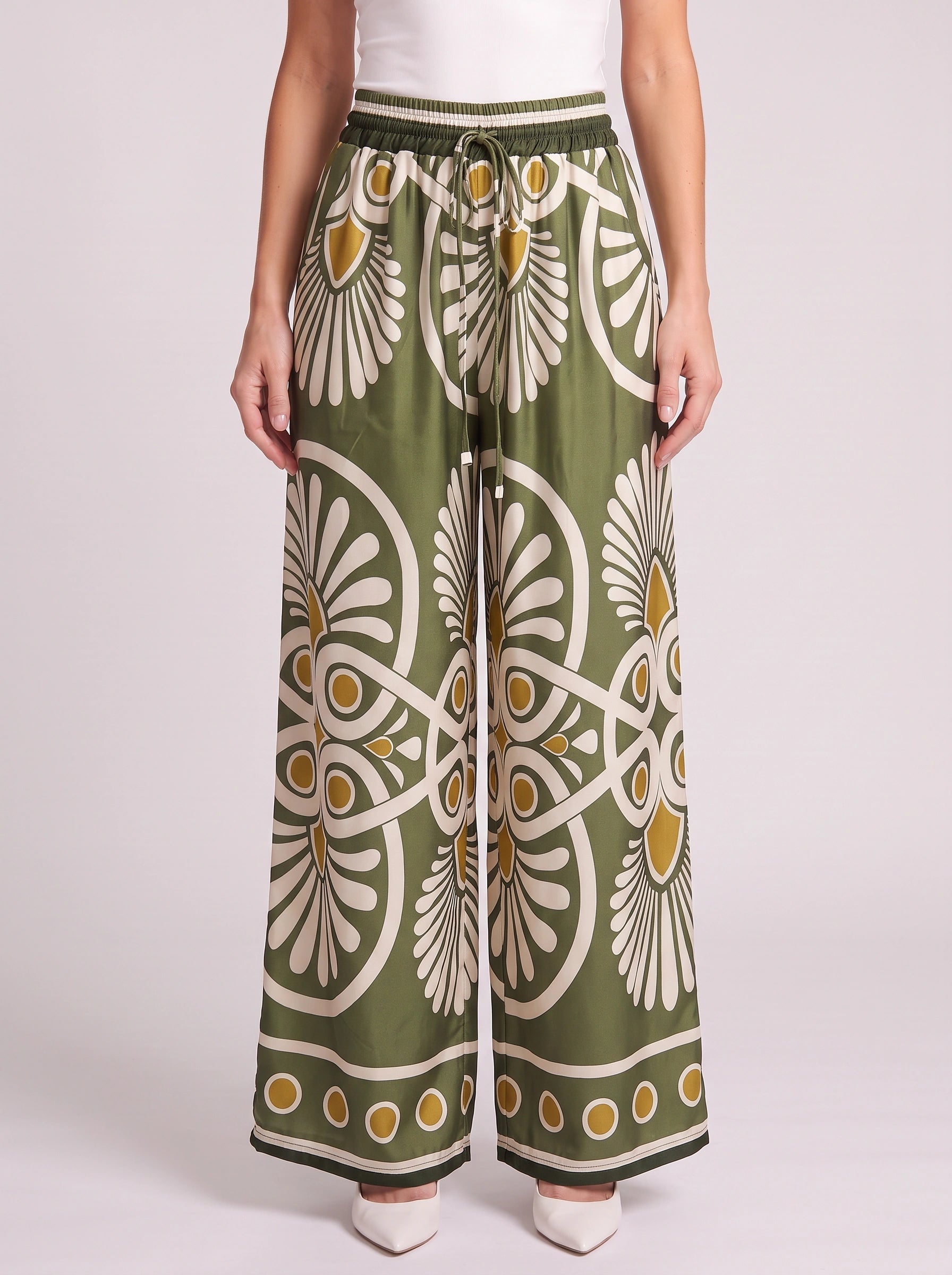 Pantalon imprimé médaillons à jambes larges et cordon de serrage - Pantalon palazzo satiné pour femme, coupe décontractée, style détente