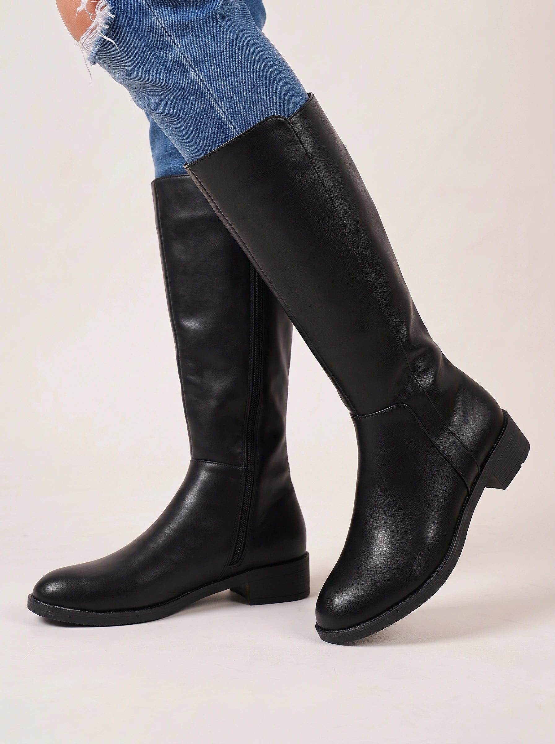 Varkent Knee-High Riding Boots – Leather Block Heel Side Zipper Women Casual Tall Boots