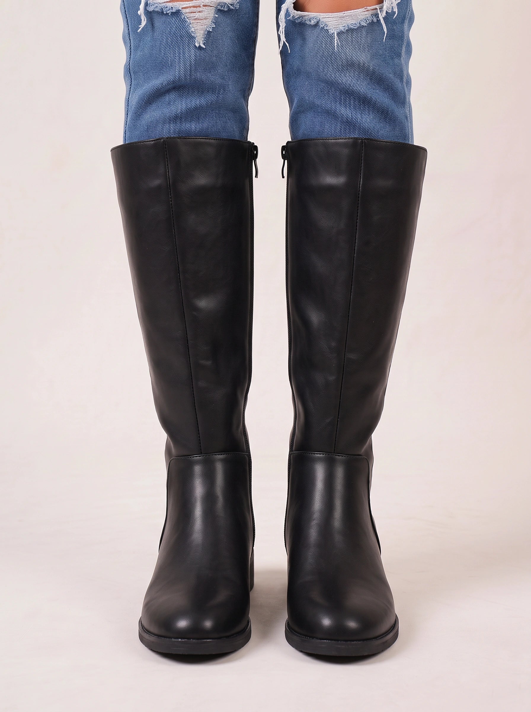 Varkent Knee-High Riding Boots – Leather Block Heel Side Zipper Women Casual Tall Boots