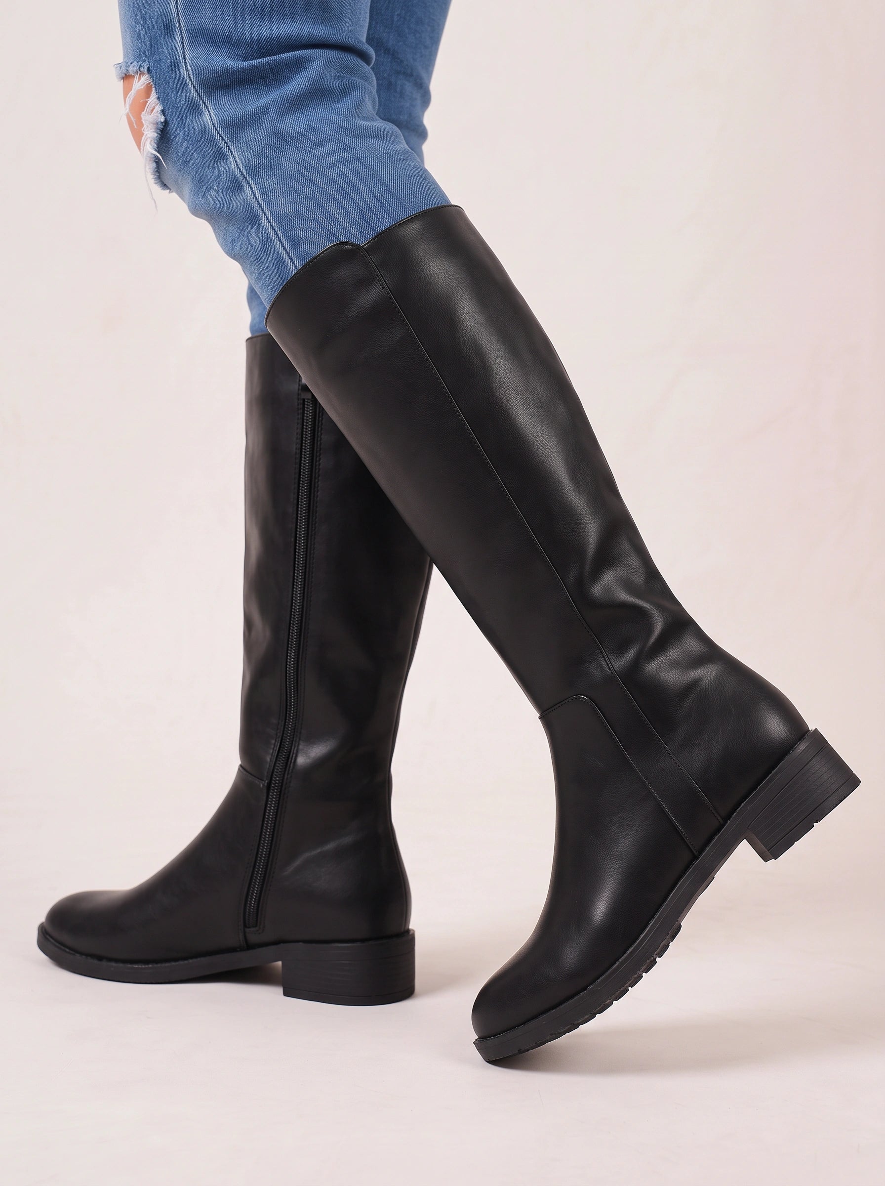 Varkent Knee-High Riding Boots – Leather Block Heel Side Zipper Women Casual Tall Boots
