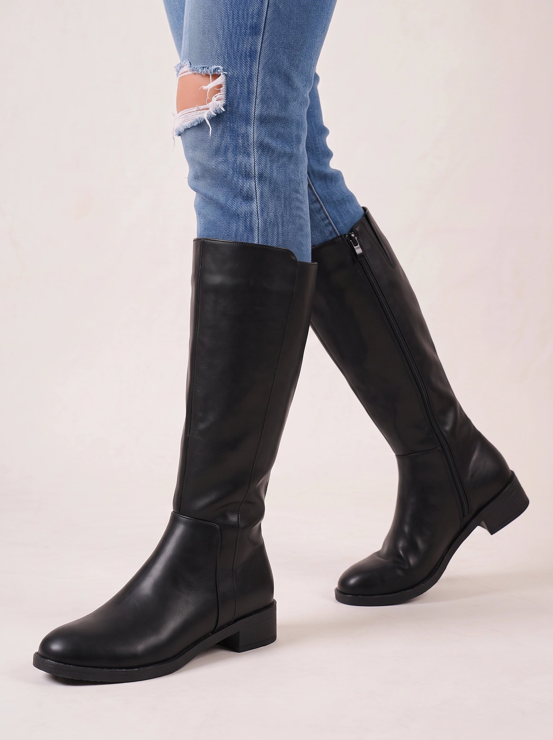 Varkent Knee-High Riding Boots – Leather Block Heel Side Zipper Women Casual Tall Boots