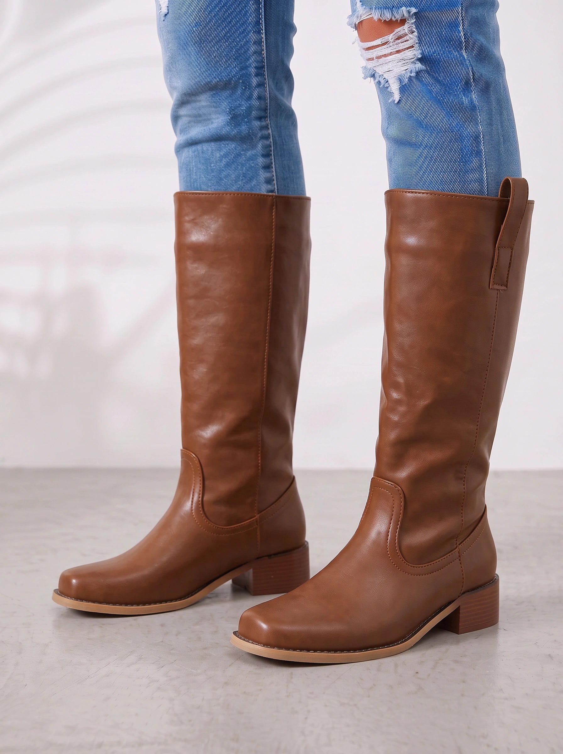 Bottes hautes en cuir Bruméd - bottes d’équitation western pour femmes à talon bloc, à enfiler, chaussures décontractées pour tous les jours