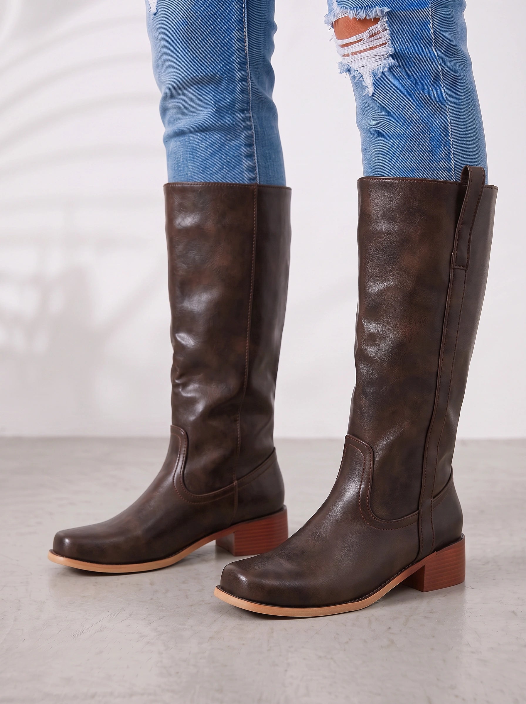 Bottes hautes en cuir Bruméd - bottes d’équitation western pour femmes à talon bloc, à enfiler, chaussures décontractées pour tous les jours