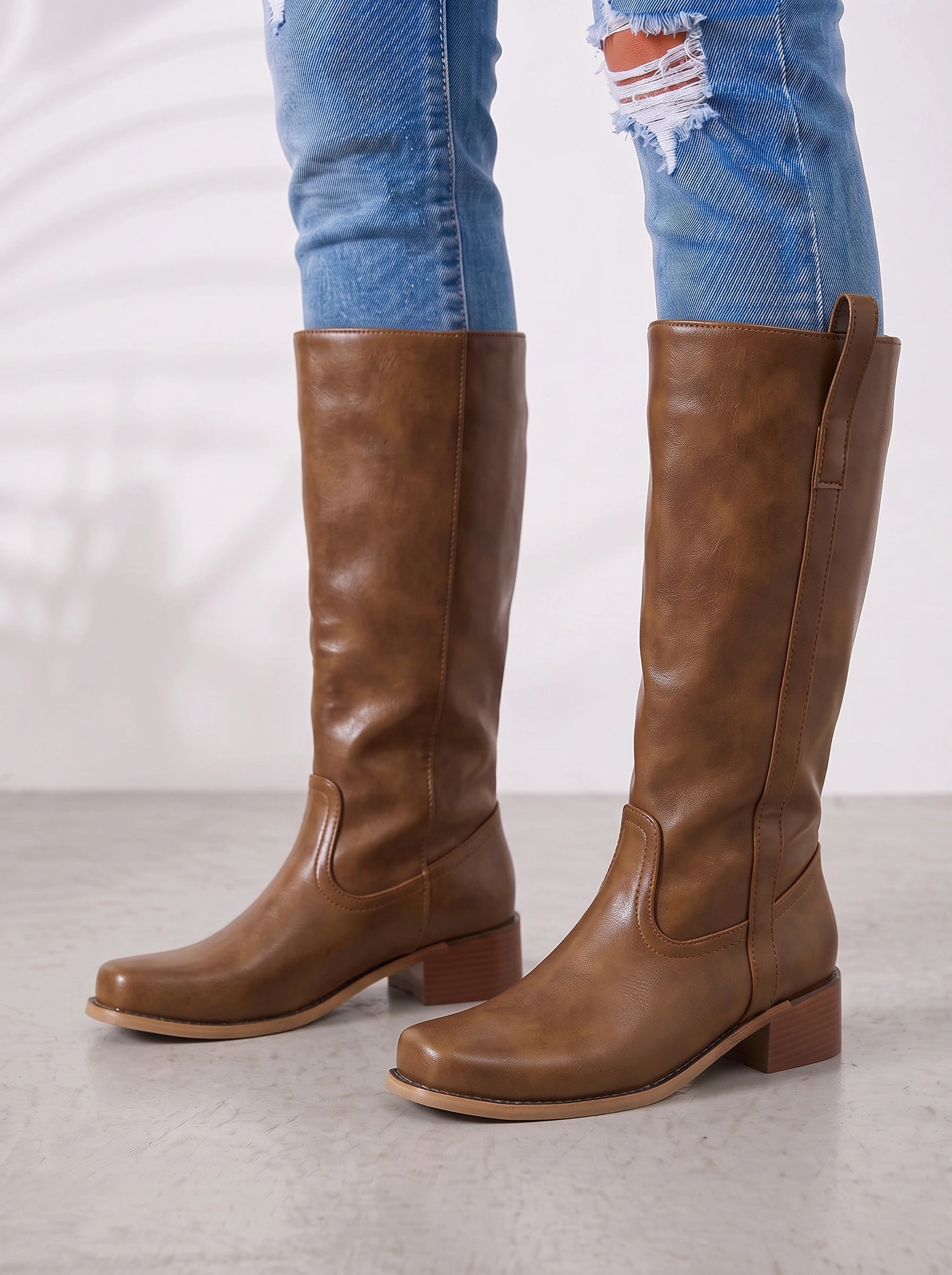 Bottes hautes en cuir Bruméd - bottes d’équitation western pour femmes à talon bloc, à enfiler, chaussures décontractées pour tous les jours