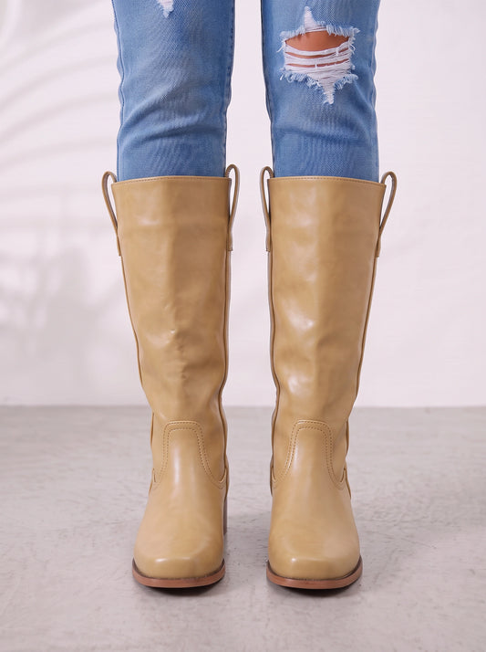 Bottes hautes en cuir Bruméd - bottes d’équitation western pour femmes à talon bloc, à enfiler, chaussures décontractées pour tous les jours