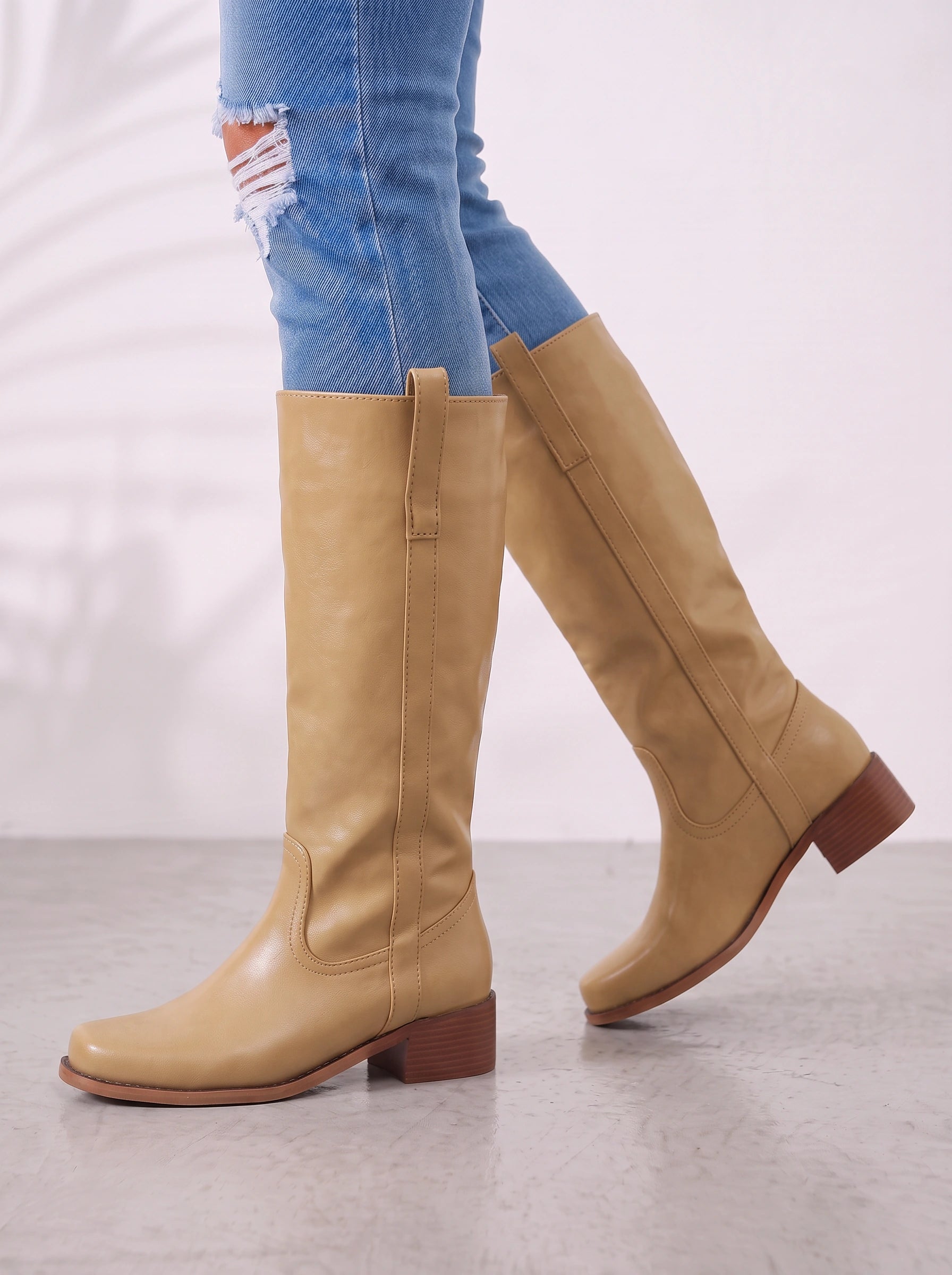 Bottes hautes en cuir Bruméd - bottes d’équitation western pour femmes à talon bloc, à enfiler, chaussures décontractées pour tous les jours