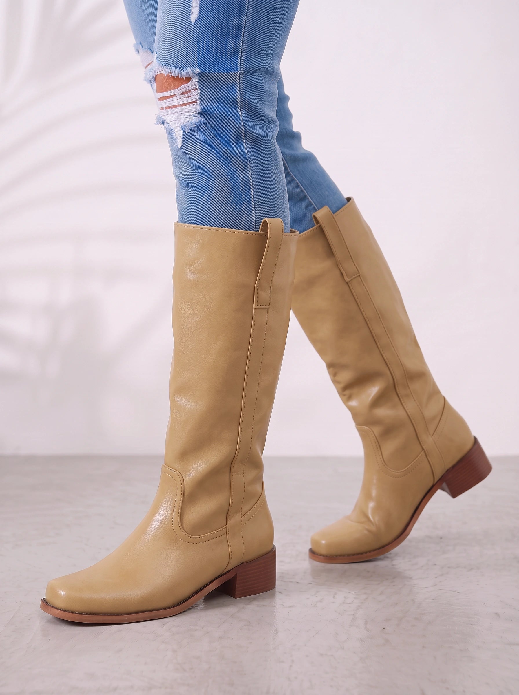 Bottes hautes en cuir Bruméd - bottes d’équitation western pour femmes à talon bloc, à enfiler, chaussures décontractées pour tous les jours