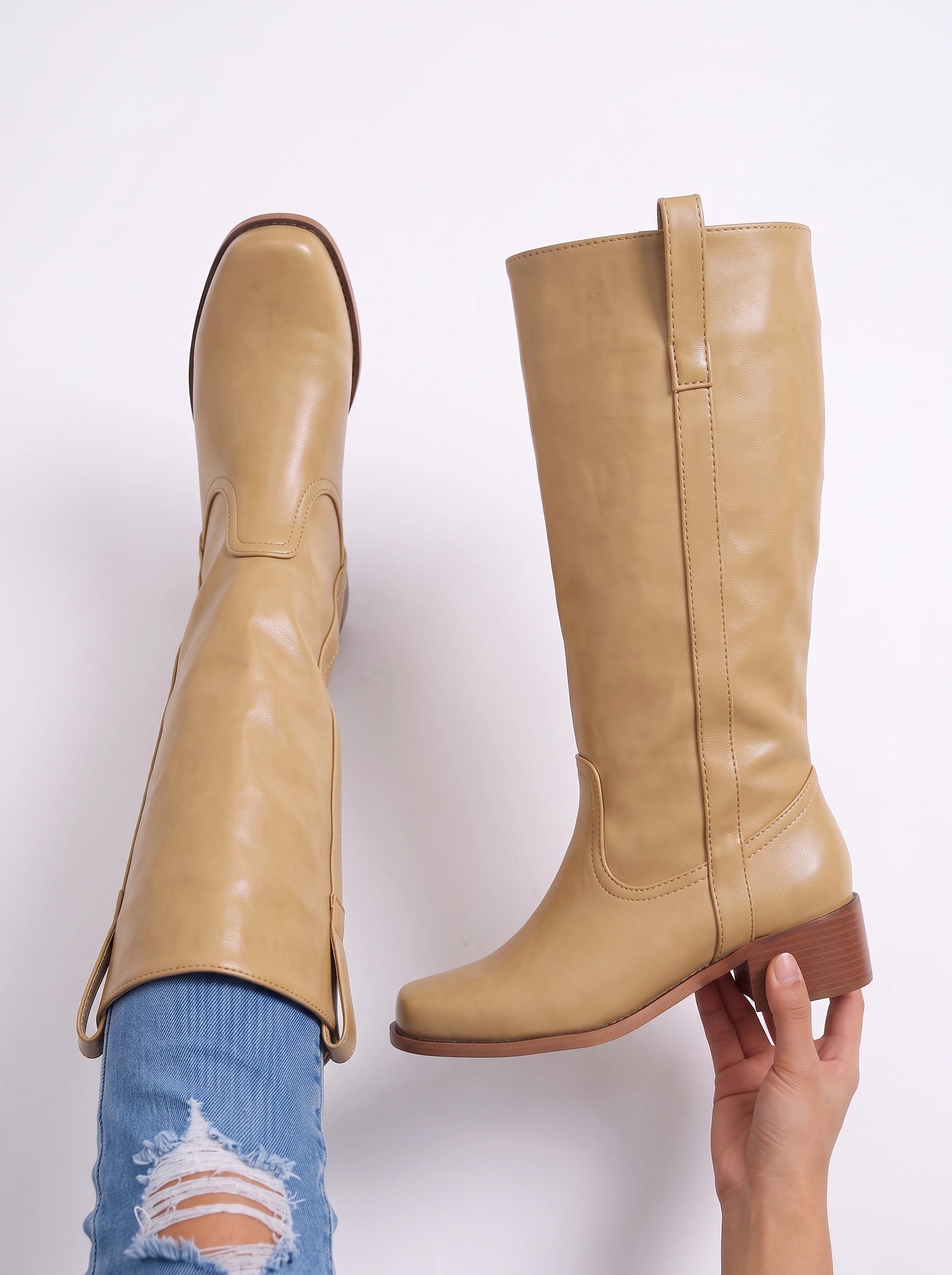 Bottes hautes en cuir Bruméd - bottes d’équitation western pour femmes à talon bloc, à enfiler, chaussures décontractées pour tous les jours