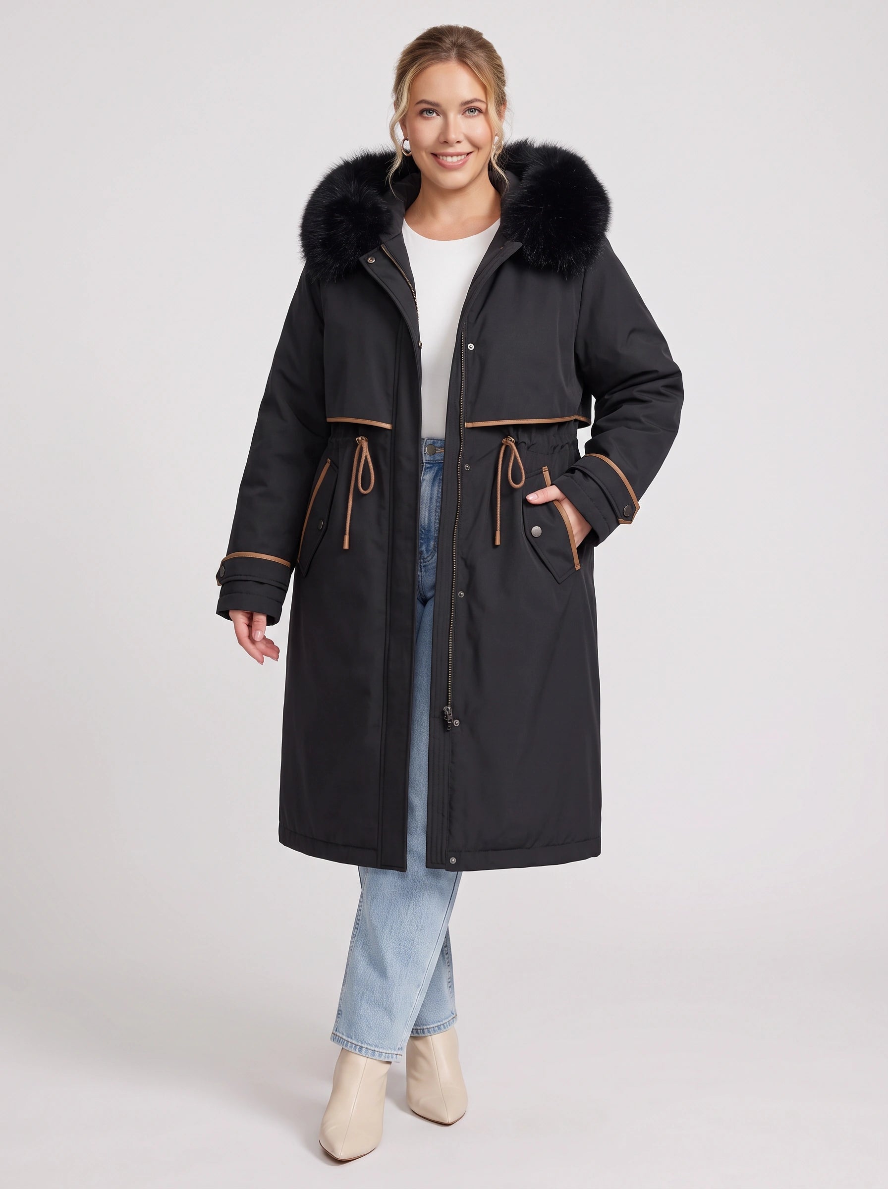 Cordera Faux Fur Hood Long Parka – Women Winter Down Coat Drawstring Waist Knee Length Hooded Parka