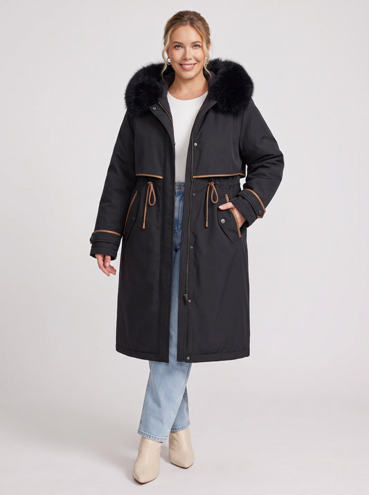 Cordera Faux Fur Hood Long Parka – Women Winter Down Coat Drawstring Waist Knee Length Hooded Parka