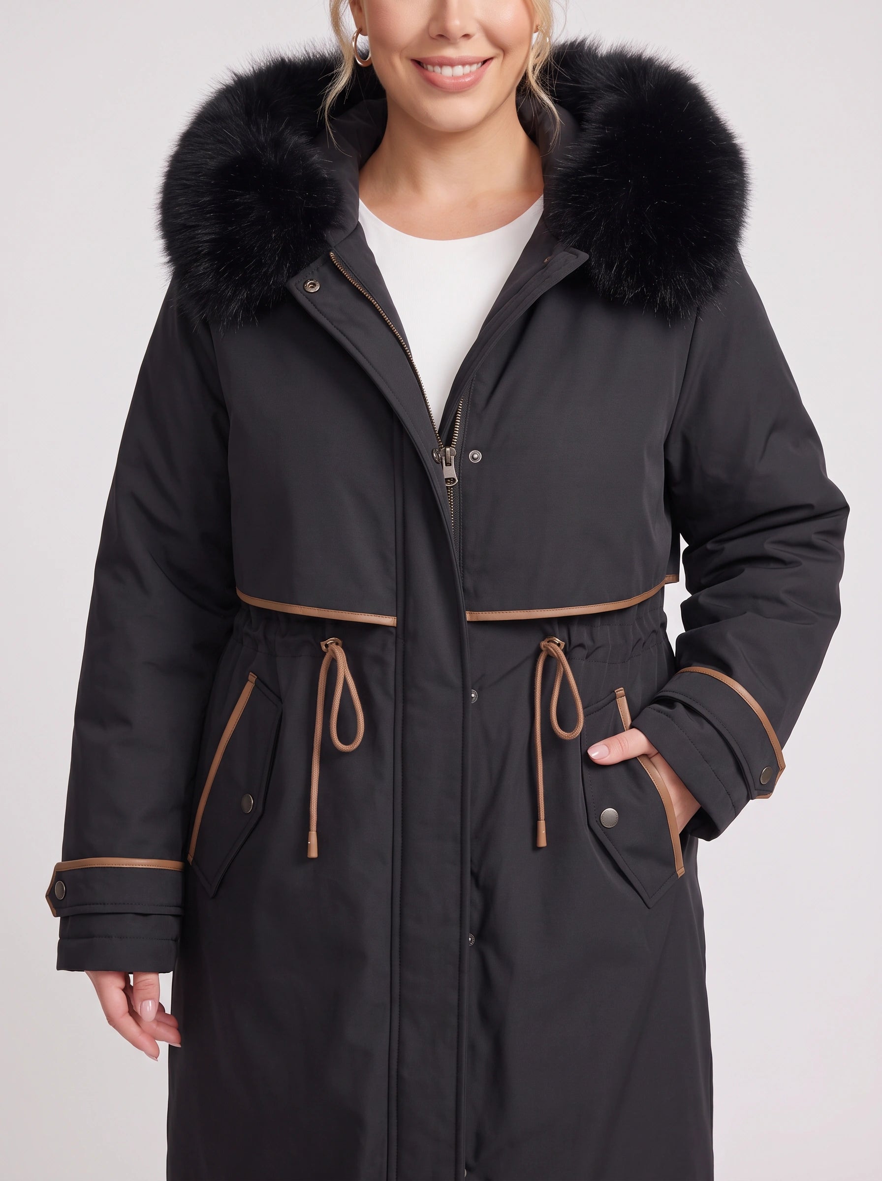 Cordera Faux Fur Hood Long Parka – Women Winter Down Coat Drawstring Waist Knee Length Hooded Parka