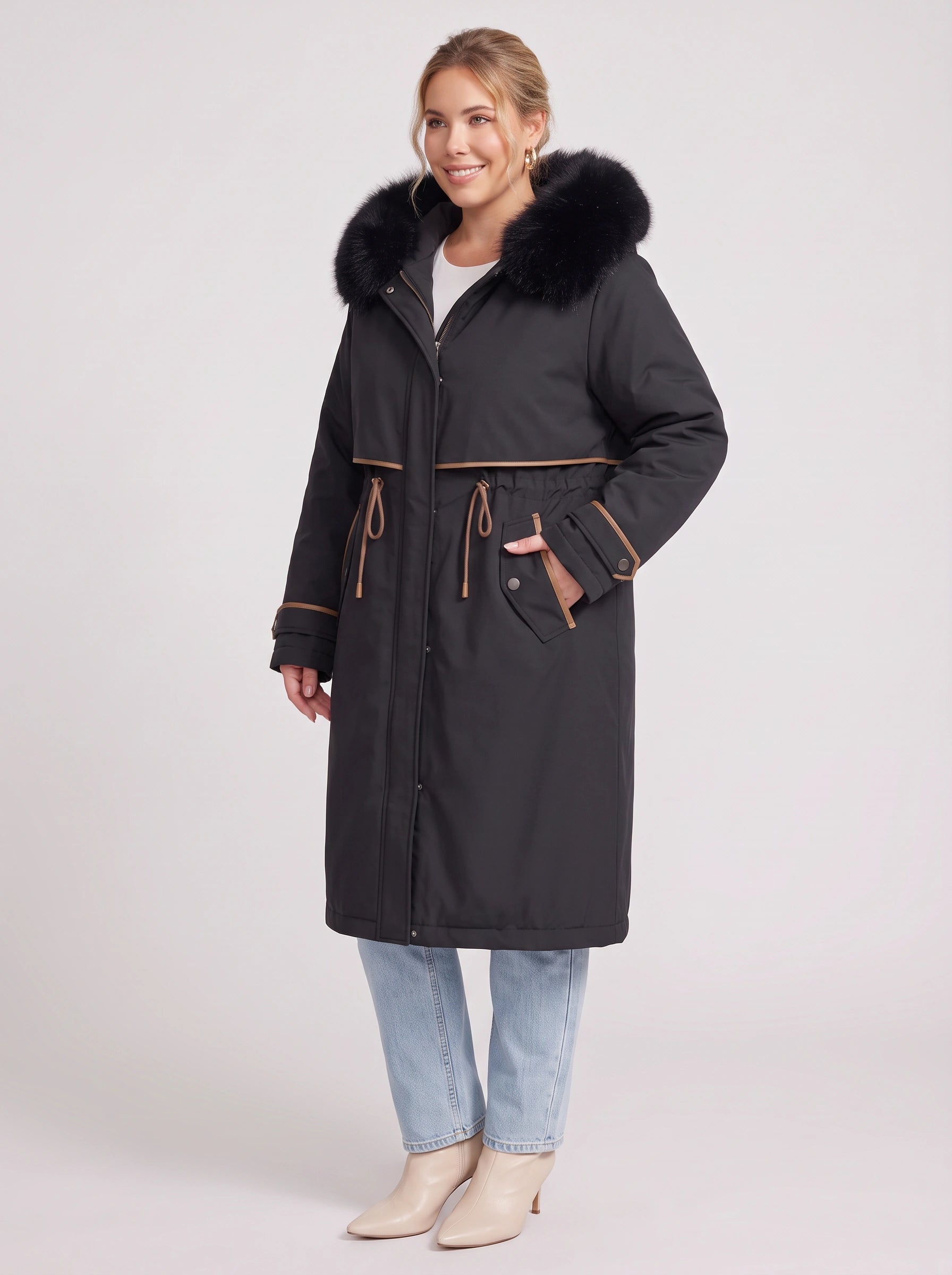 Cordera Faux Fur Hood Long Parka – Women Winter Down Coat Drawstring Waist Knee Length Hooded Parka