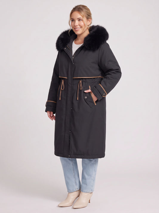 Cordera Faux Fur Hood Long Parka – Women Winter Down Coat Drawstring Waist Knee Length Hooded Parka