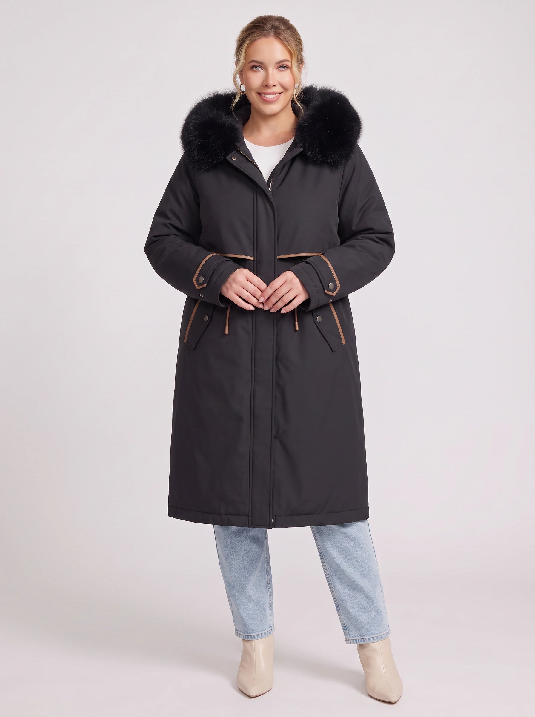 Cordera Faux Fur Hood Long Parka – Women Winter Down Coat Drawstring Waist Knee Length Hooded Parka