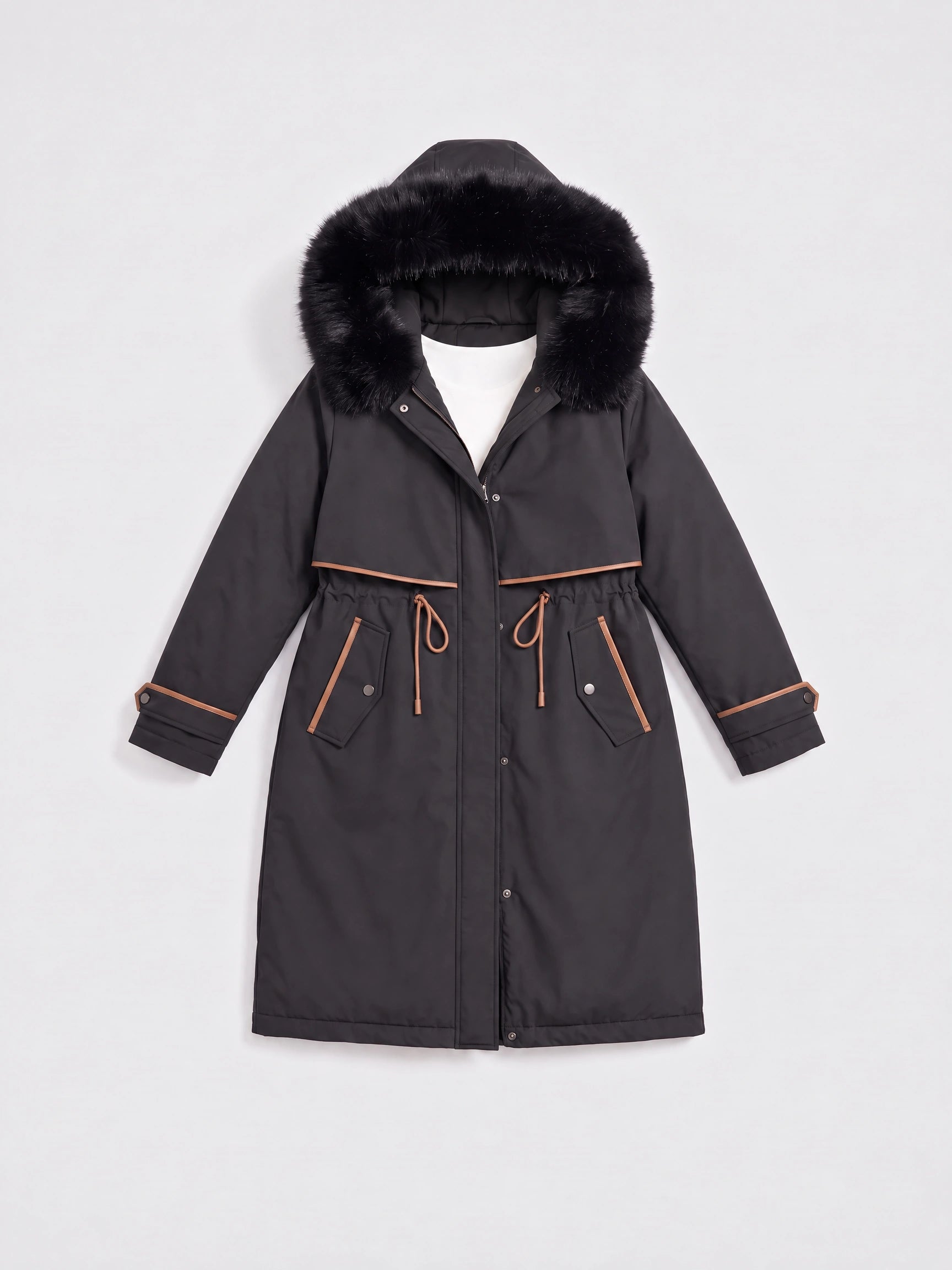 Cordera Faux Fur Hood Long Parka – Women Winter Down Coat Drawstring Waist Knee Length Hooded Parka