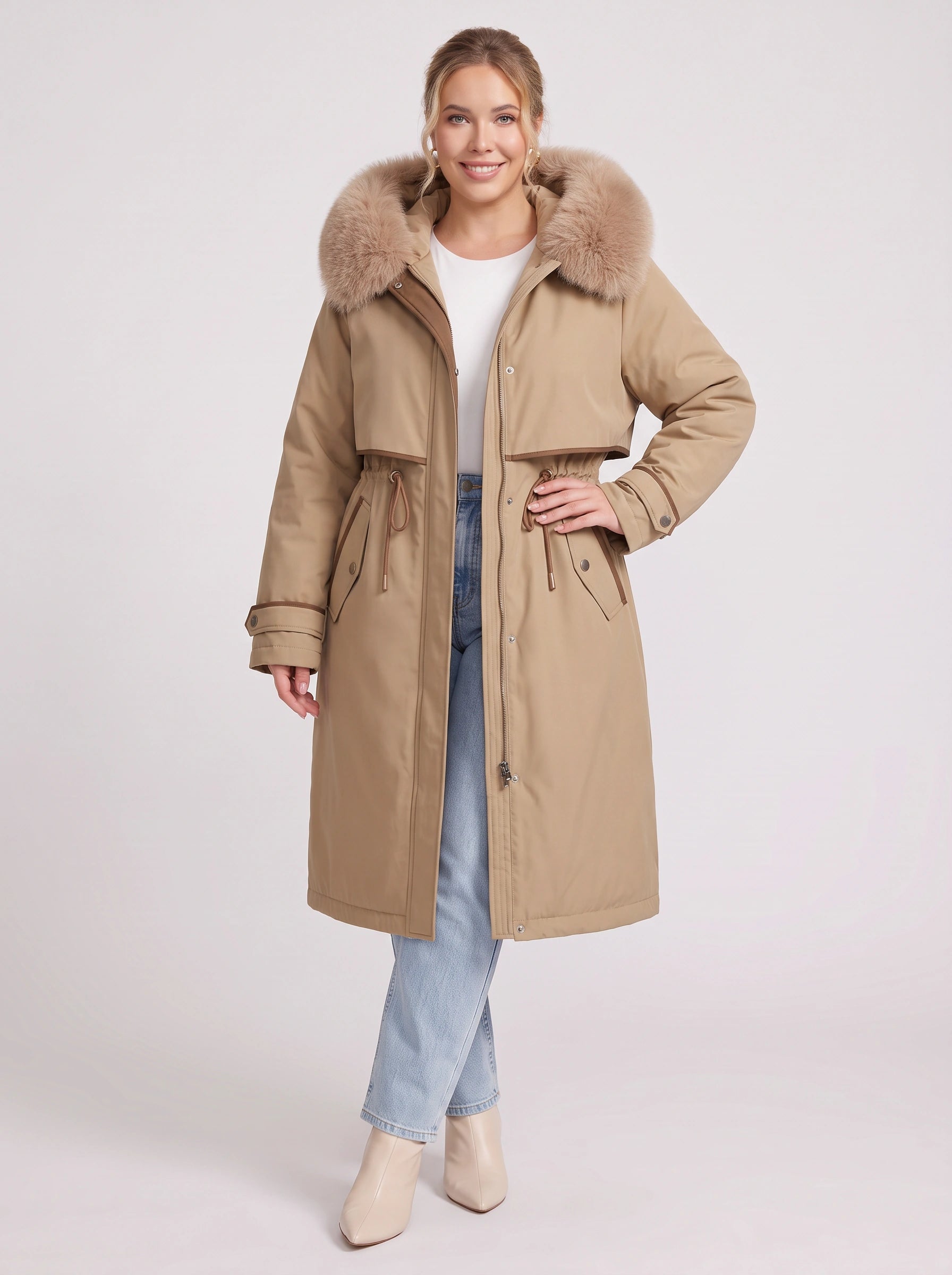 Cordera Faux Fur Hood Long Parka – Women Winter Down Coat Drawstring Waist Knee Length Hooded Parka