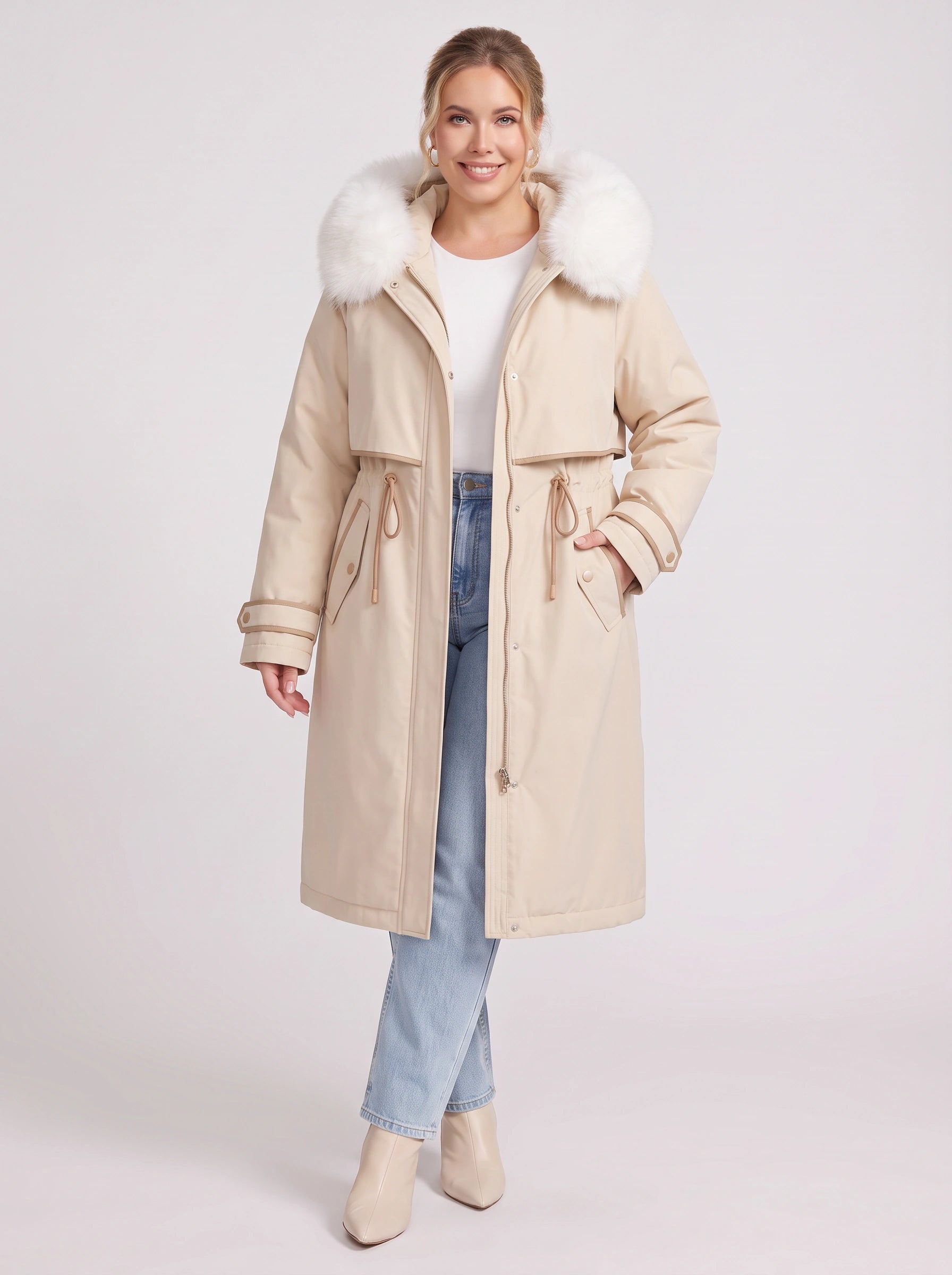 Cordera Faux Fur Hood Long Parka – Women Winter Down Coat Drawstring Waist Knee Length Hooded Parka