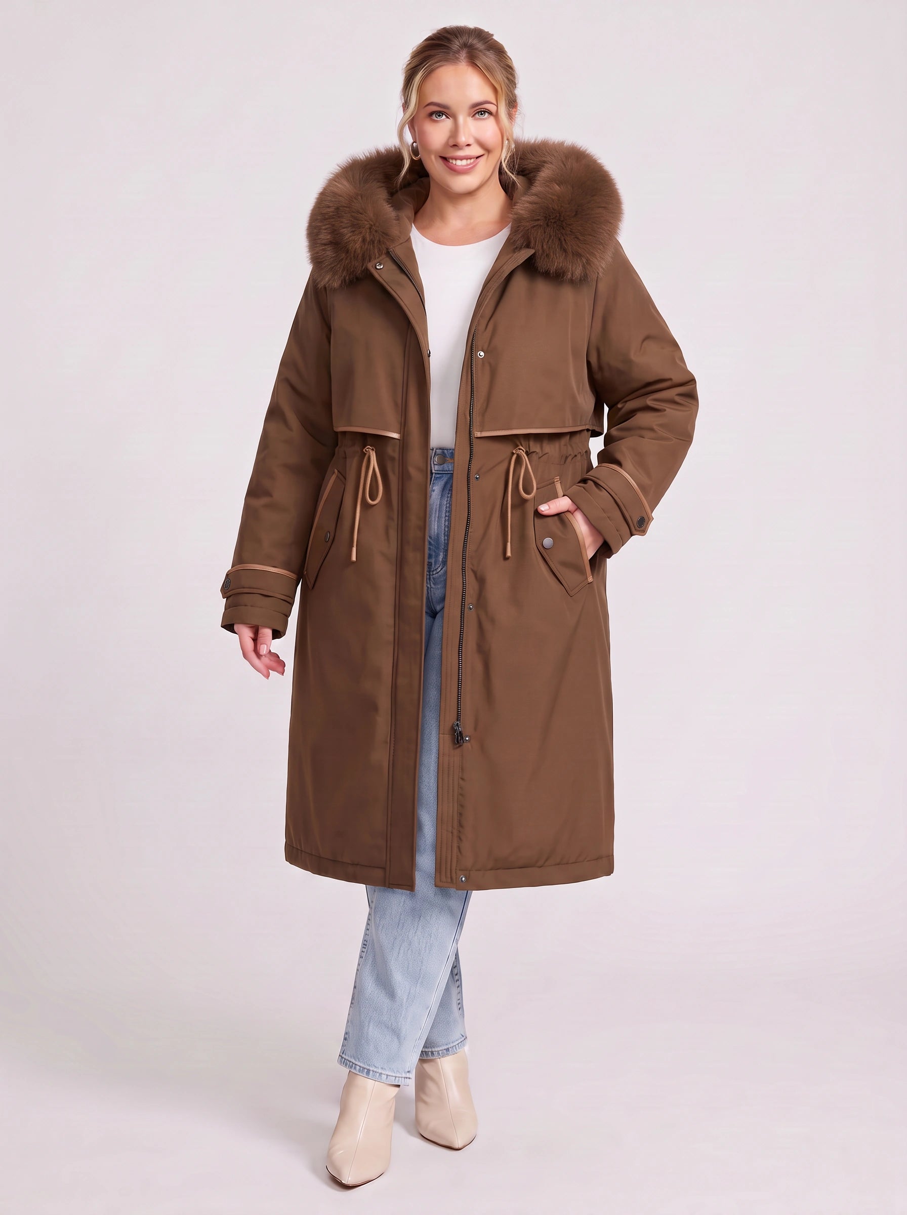 Cordera Faux Fur Hood Long Parka – Women Winter Down Coat Drawstring Waist Knee Length Hooded Parka