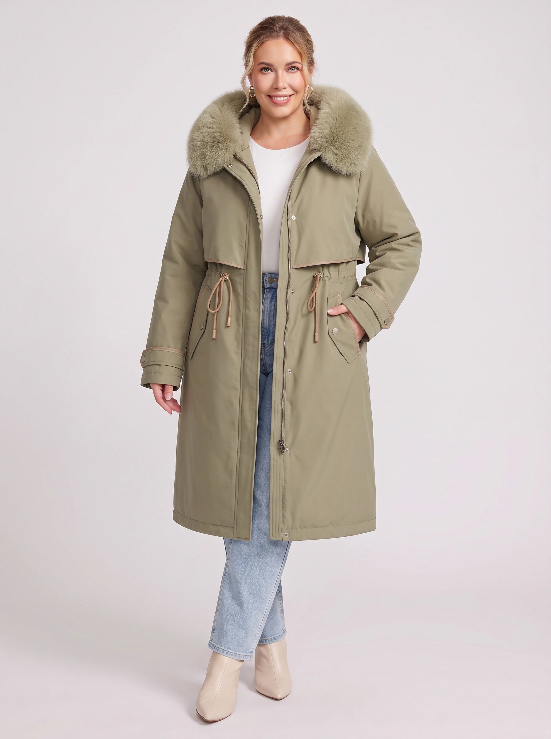 Cordera Faux Fur Hood Long Parka – Women Winter Down Coat Drawstring Waist Knee Length Hooded Parka
