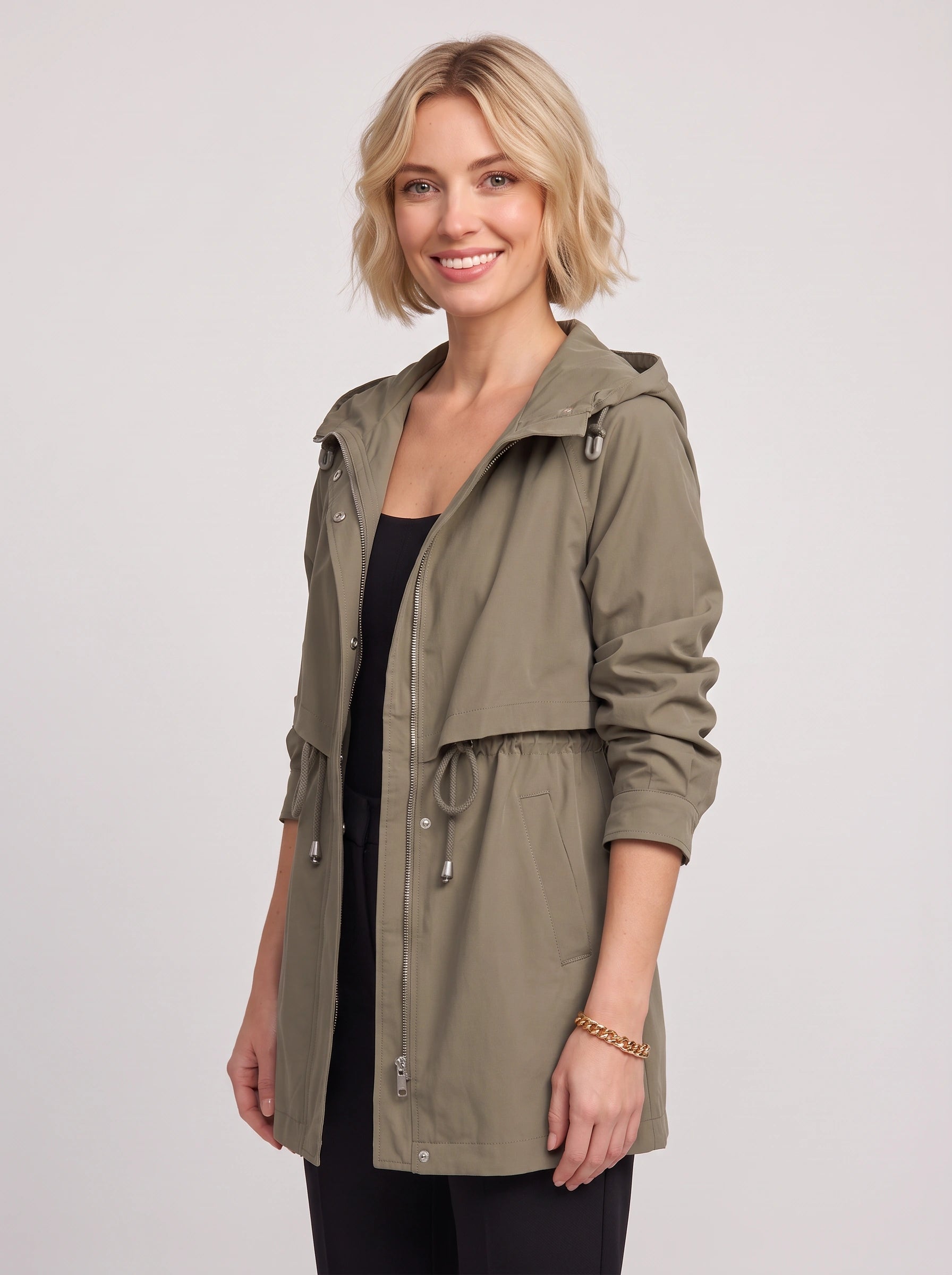 Cordway Hooded Utility Parka Jacket – Drawstring Waist Women Outerwear Casual Everyday Longline Parka