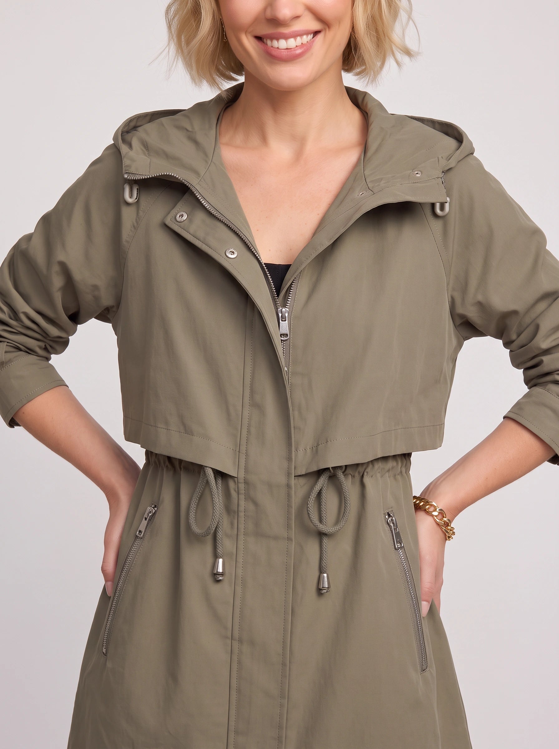 Cordway Hooded Utility Parka Jacket – Drawstring Waist Women Outerwear Casual Everyday Longline Parka