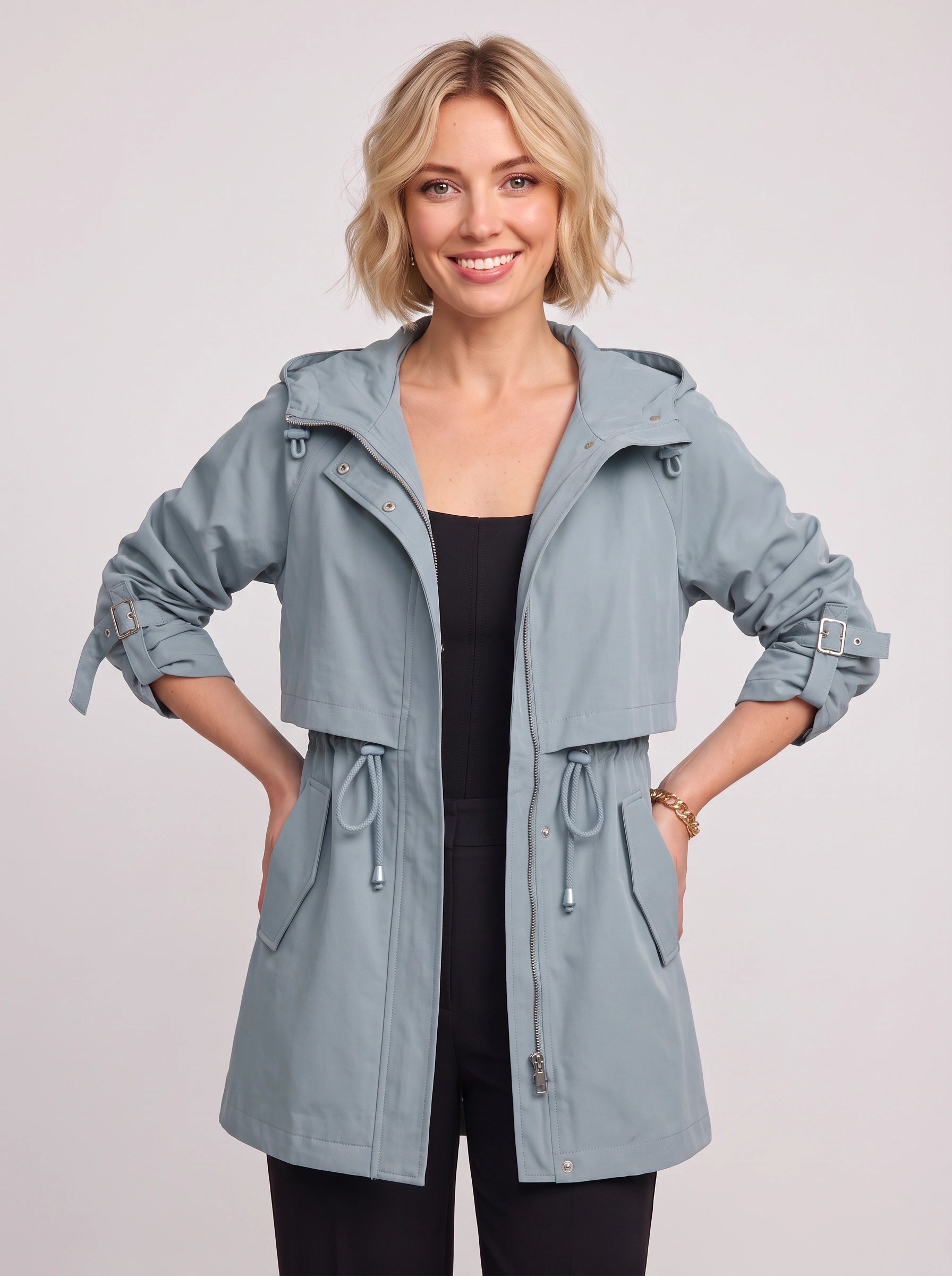 Cordway Hooded Utility Parka Jacket – Drawstring Waist Women Outerwear Casual Everyday Longline Parka